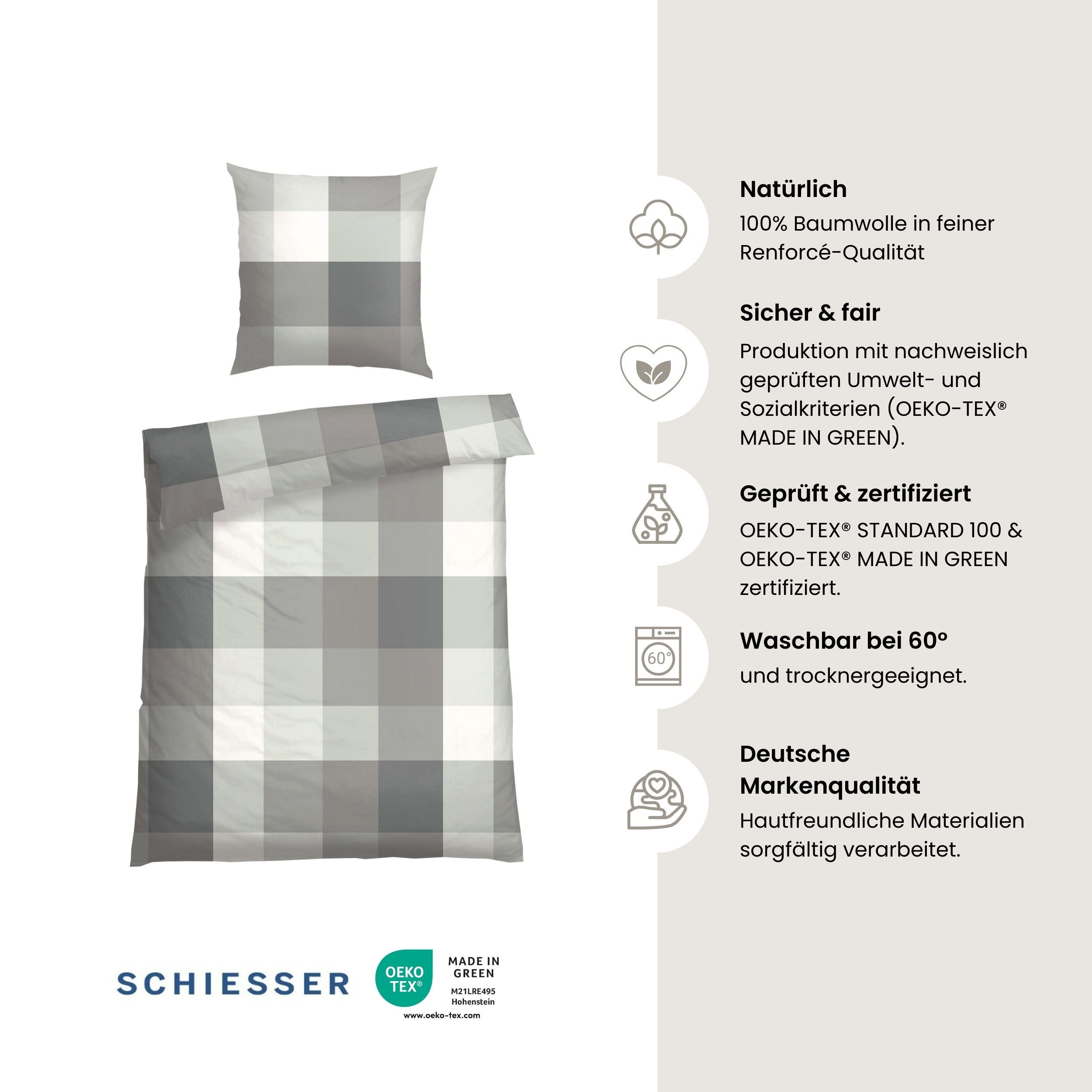 Schiesser Bettwäsche Travis aus weicher Baumwolle mit zeitlosen Karos, Renforcé, 2 teilig, MADE IN GREEN by OEKO-TEX®