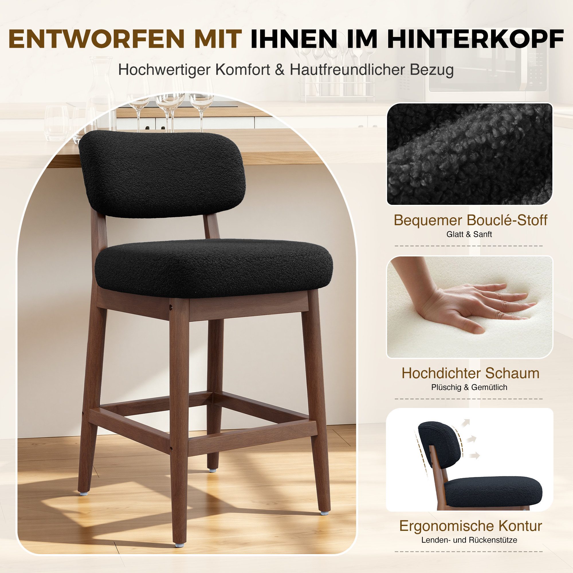 HawthyHome Barhocker mit Lehne Bouclé Tresenhocker gepolstert (2 St), mit Massivholzbeinen Barstuhl für Kücheninsel