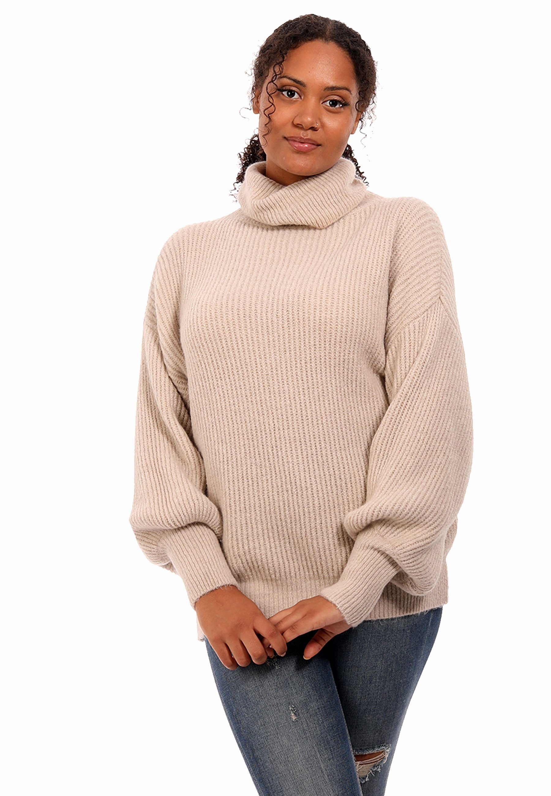 Sweater Size & Style YC (1-tlg) casual One Winter Strickpullover mit Casual wollweiß Oversize Fashion Damen Pullover Rollkragen