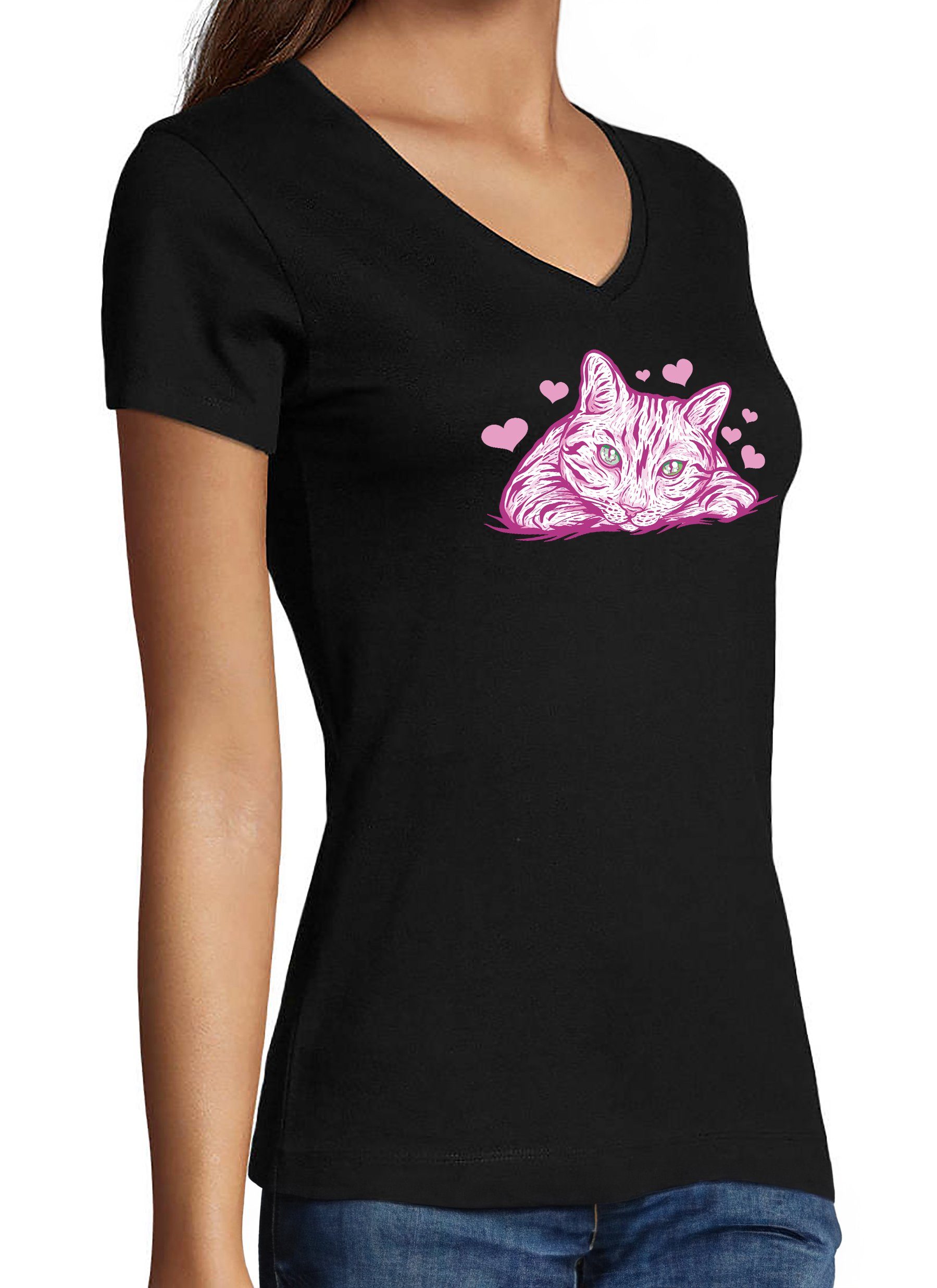 Fit, schwarz Katze i122 bedruckt MyDesign24 - Katzen T-Shirt Aufdruck, Print mit Slim Baumwollshirt mit Herzen Damen Shirt Pinke