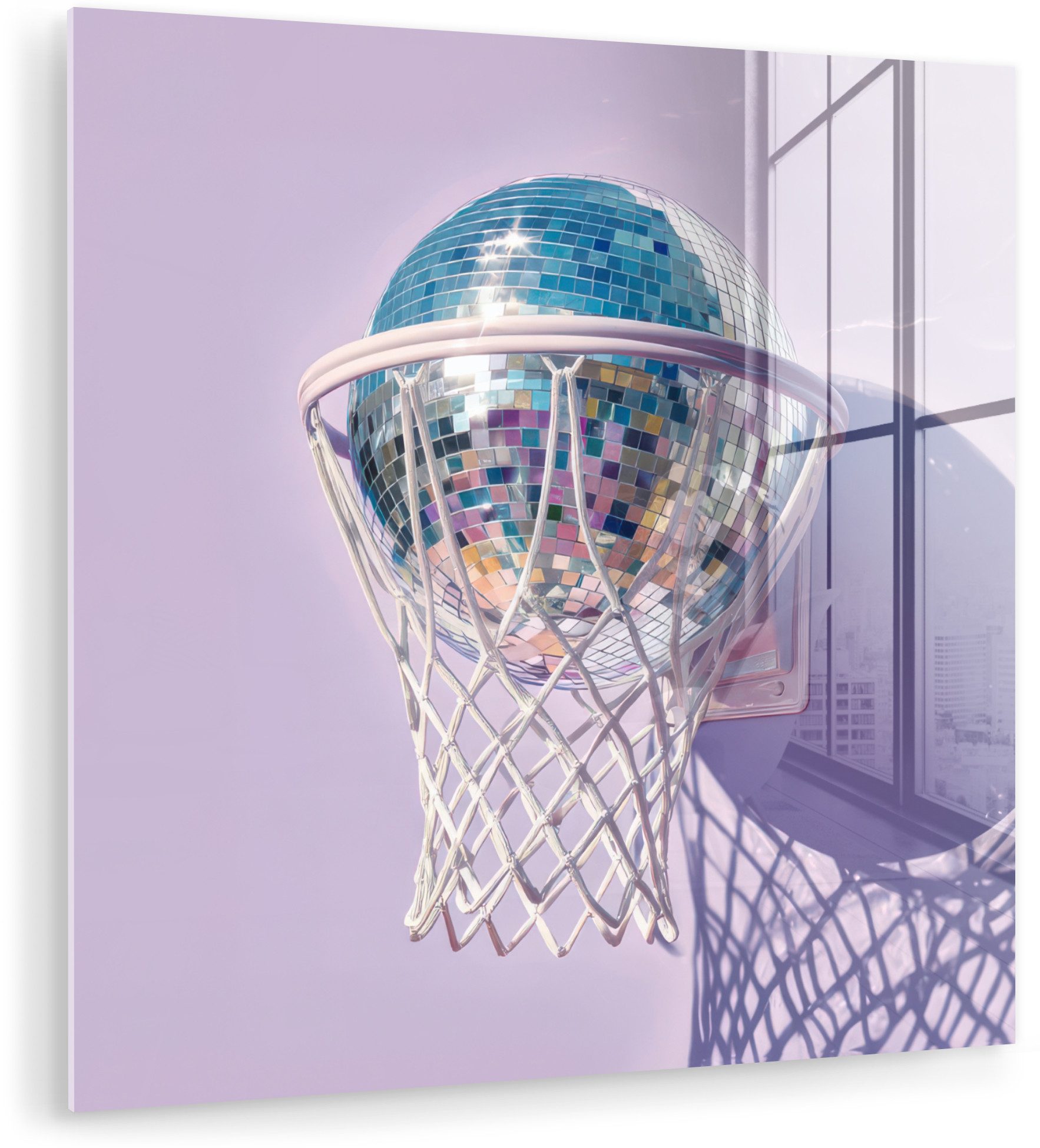 MuchoWow Acrylglasbild Discoball - Basketballring - Grafik, Inkl. Aufhängung, Bilder auf Glas Wandbild, Wanddeko Wohnzimmer Badezimmer, 20x20 cm