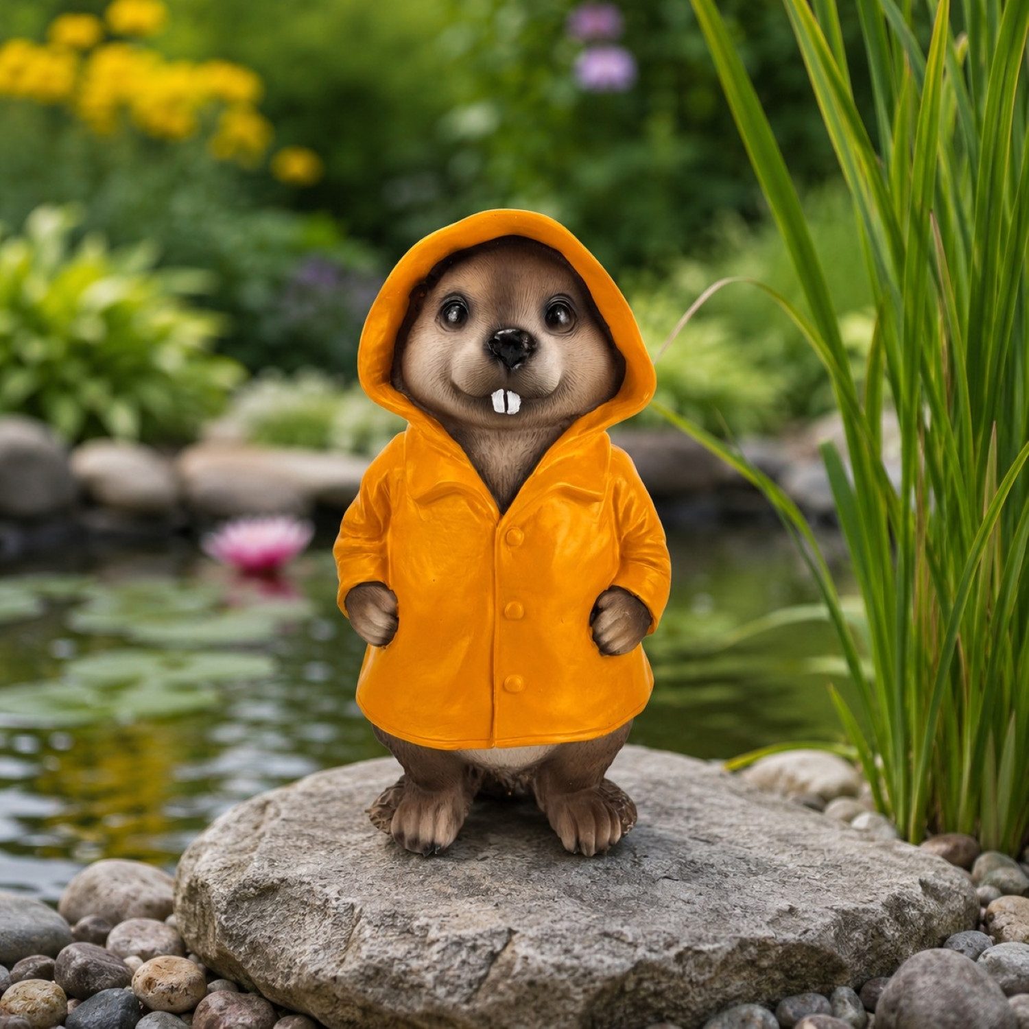 Online-Fuchs Gartenfigur für draußen - Bieber im Regenmantel - Teichdekoration, Figuren, (wetterfest, 20,5 oder 28 cm groß), aus Kunstharz (Polyresin) gefertigt - für den Innen- und Außenbereich