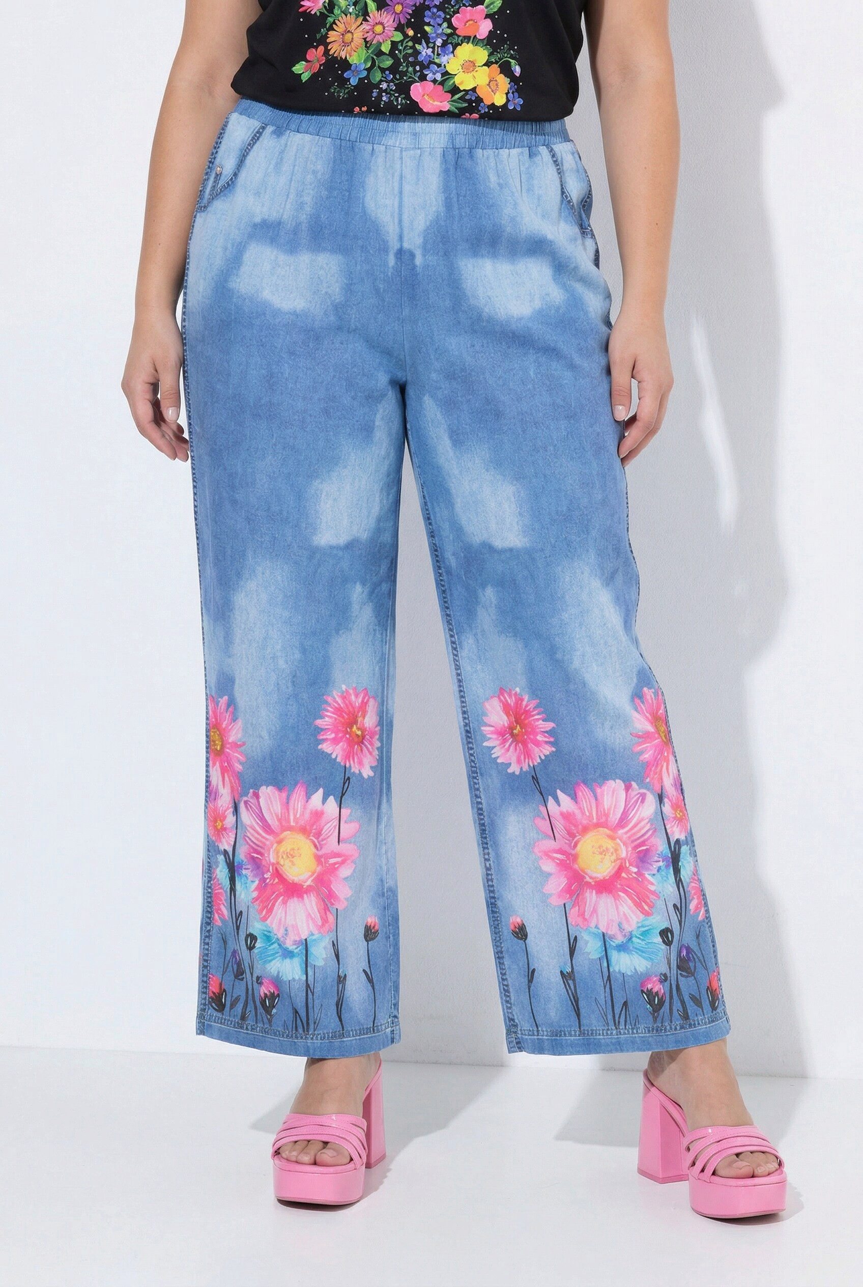 MIAMODA Culotte Culotte weites gerades Bein Denimoptik Blumenprint