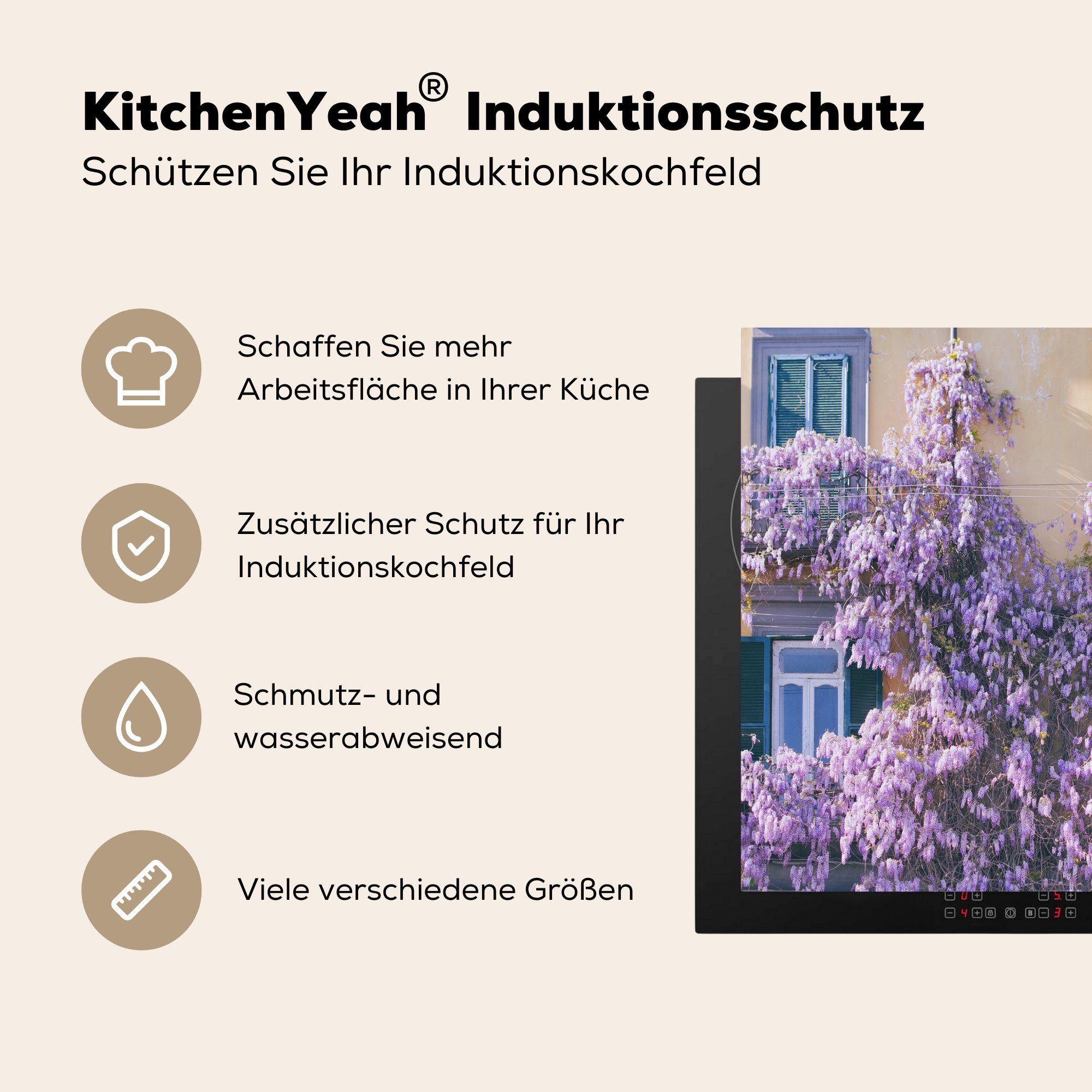 MuchoWow Herdblende-/Abdeckplatte voller Blumen, Regen Arbeitsplatte Blauer tlg), Ceranfeldabdeckung, (1 Vinyl, 78x78 cm, für küche