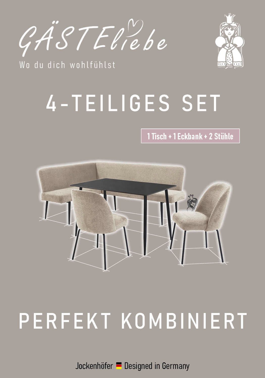 OTTO home Eckbankgruppe Melvin (Set, 4-tlg. Tisch, Bank und 2 Stühle), Taschenfederkern, Tisch (120x75cm) schwarz, Bank und Stühle anthrazit oder beige