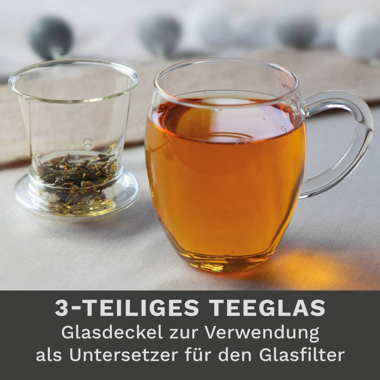 Creano Teeglas Teeglas “All in One” mit Glasfilter, 400ml, Borosilikatglas, 3-teilig