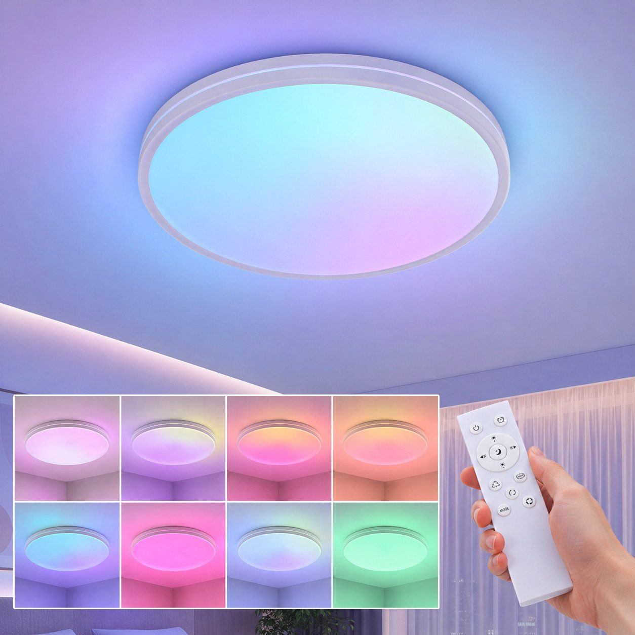 LED Deckenleuchte RGB dimmbar, 48W Deckenlampe mit Fernbedienung, Ø37 cm