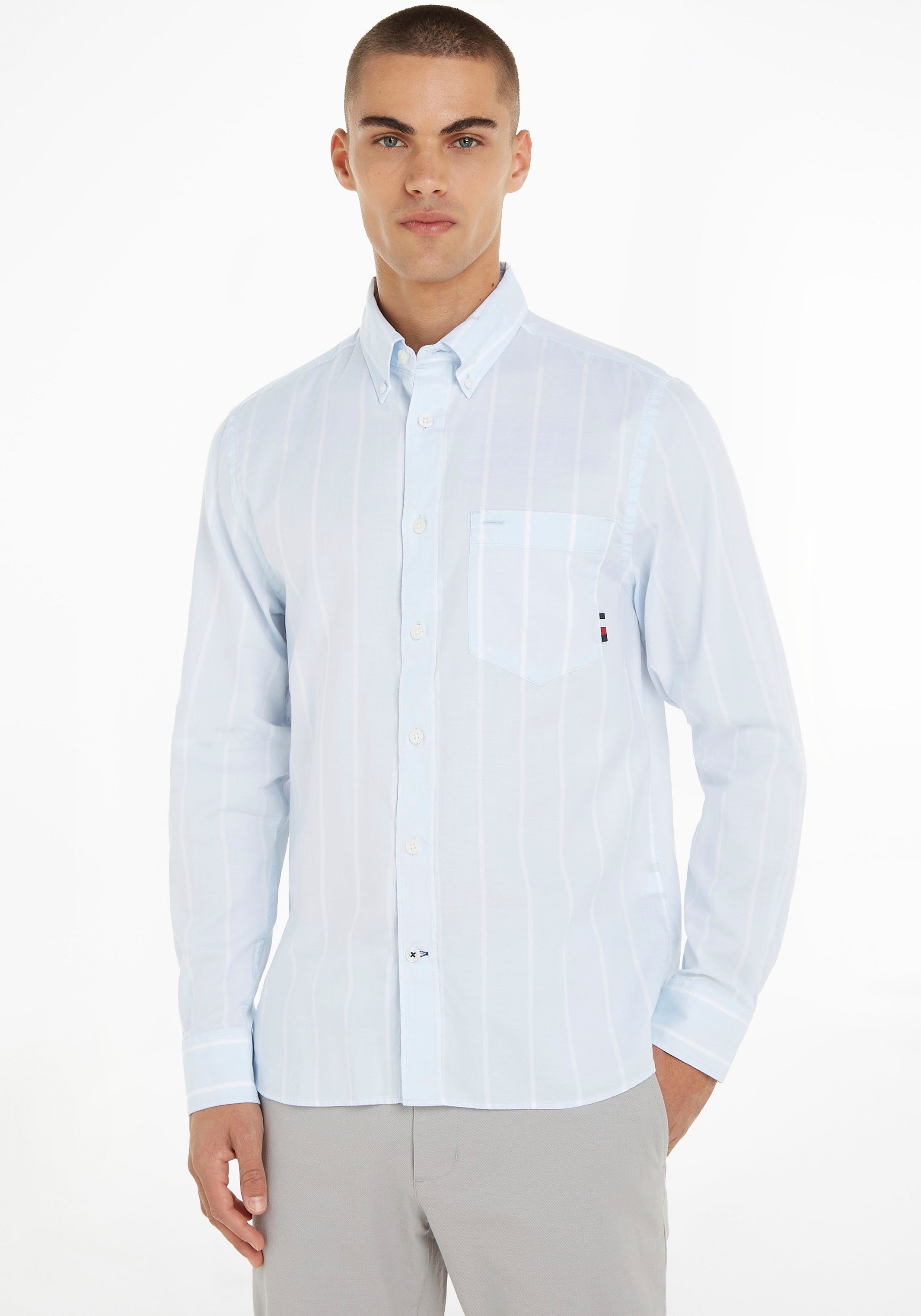 RF STRIPE Blue/Optic Hilfiger Langarmhemd OXFORD White Button-down-Kragen mit Tommy SHIRT Breezy