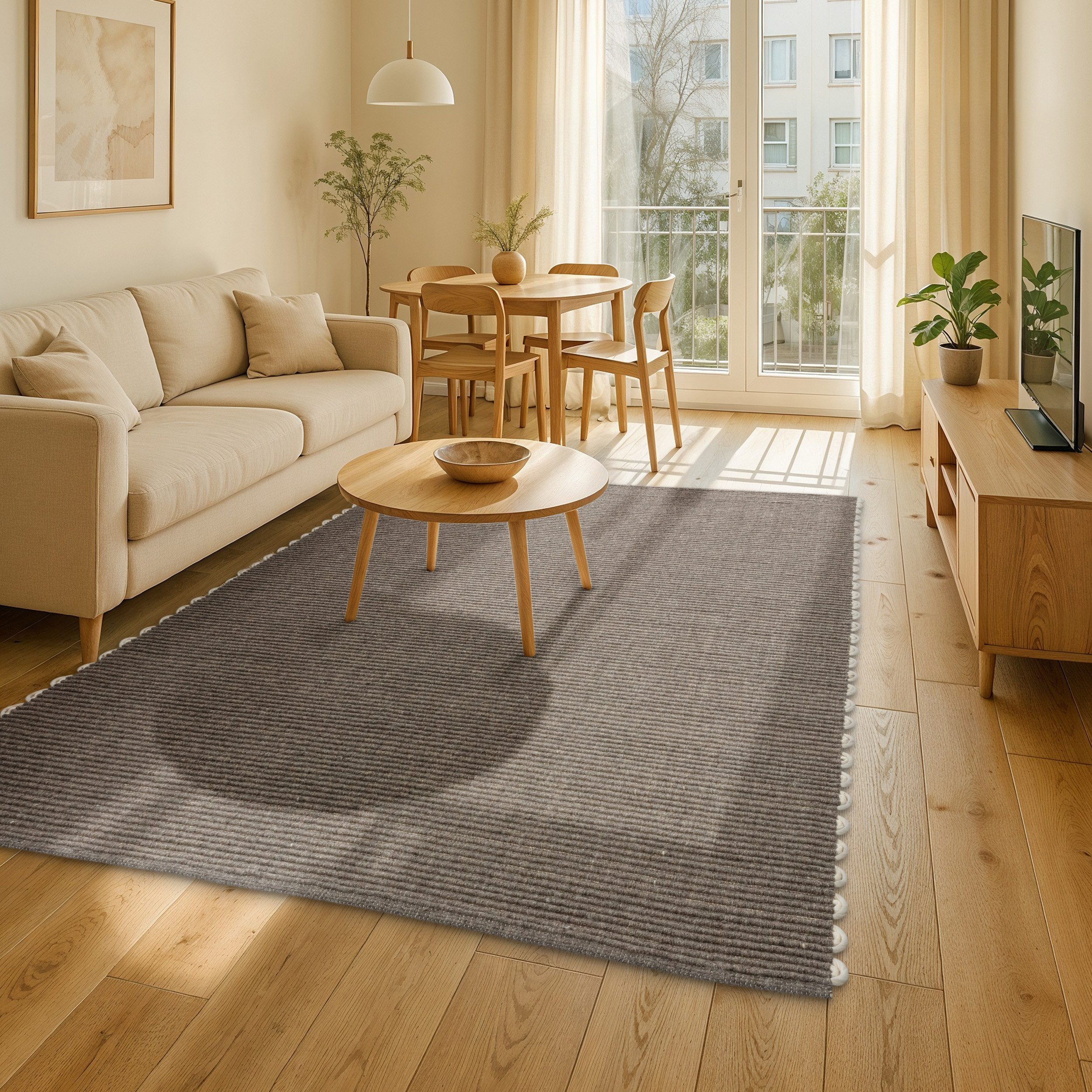 SCHÖNER WOHNEN-Kollektion Wollteppich Omira, rechteckig, Höhe: 7 mm, reine Wolle, Linien, dekorative Häkelkante, Wohnzimmer