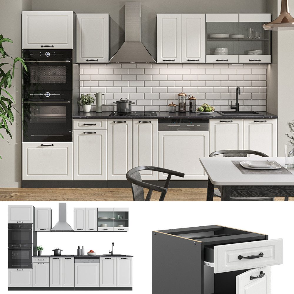 Vicco Küchenzeile R-Line, Weiß Landhaus/Anthrazit, 300 cm mit Hochschrank, AP Marmor