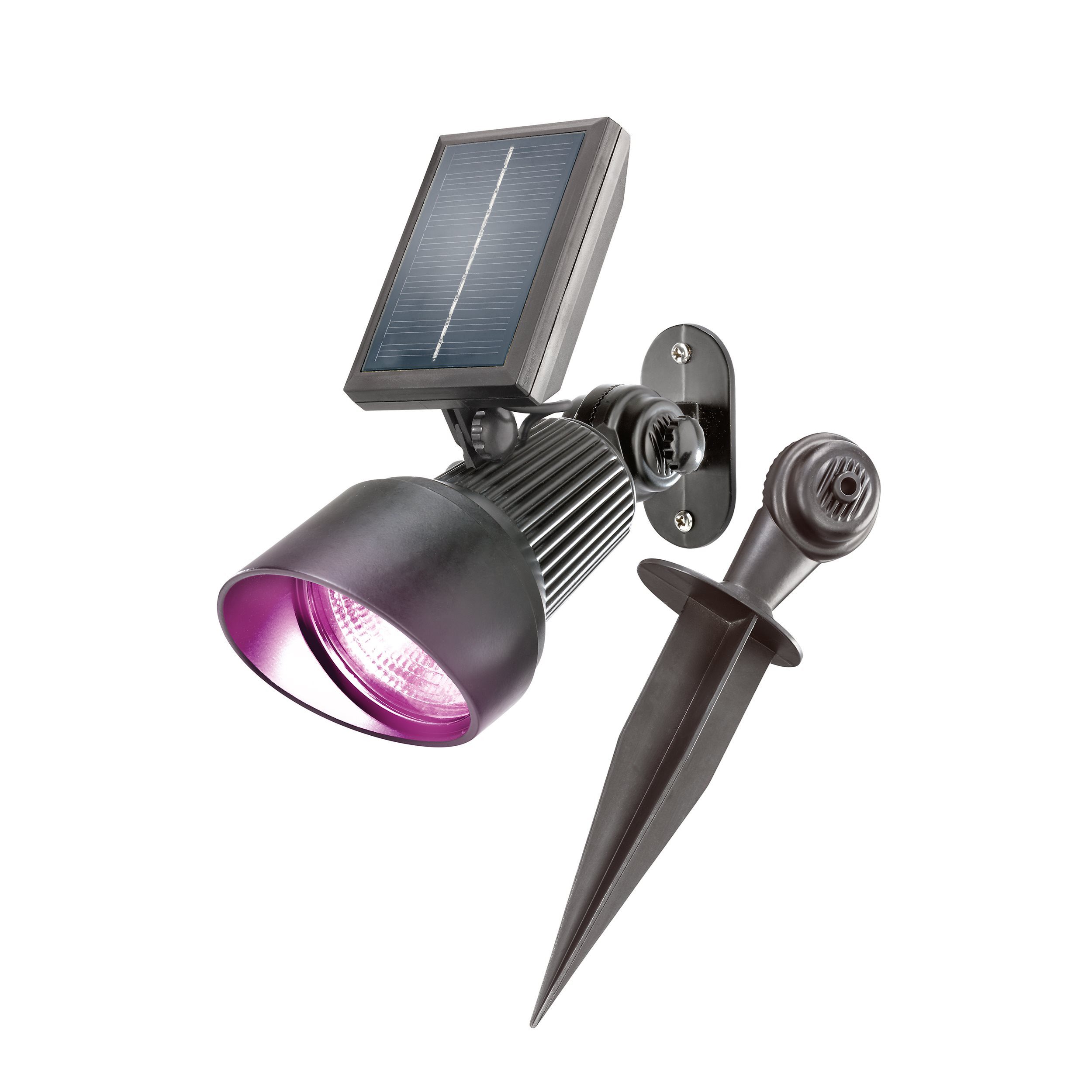 esotec LED Gartenstrahler Aluminium Solarstrahler Spotlight Wand+Boden multicolor outdoor 102134, Tagsüber lädt das Solarmodul den integrierten Akku auf. Bei Dämmerung schalten sich die Solarlampen für außen automatisch ein., LED fest integriert, 6000K kaltweiß, multicolor, Strahlergehäuse aus Aluminium, winterfest