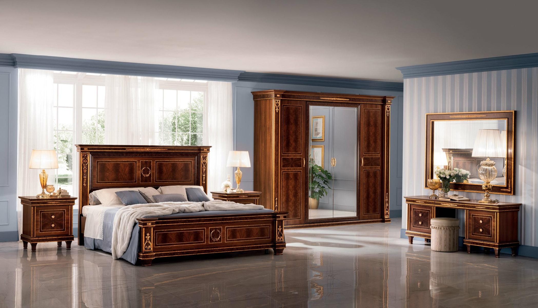 Xlmoebel Komplettschlafzimmer Schlafzimmer Set Barock Bett Nachttisch Kommode Spiegel Hocker 7t, (7-tlg), Made in Europa