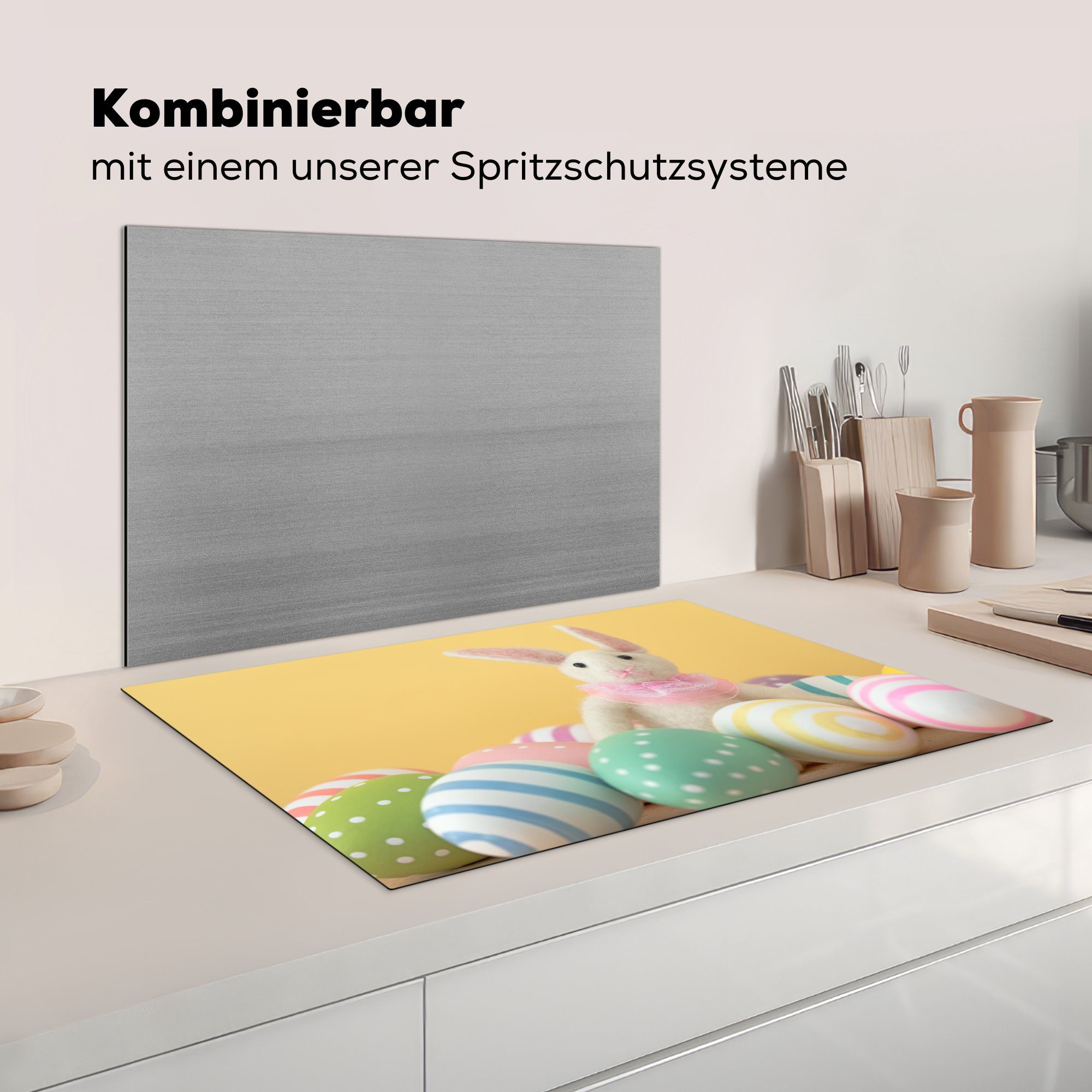 für Vinyl, mit die Osterhase cm, MuchoWow Herdblende-/Abdeckplatte Induktionskochfeld 81x52 Schutz Eiern, (1 Ceranfeldabdeckung küche, tlg),