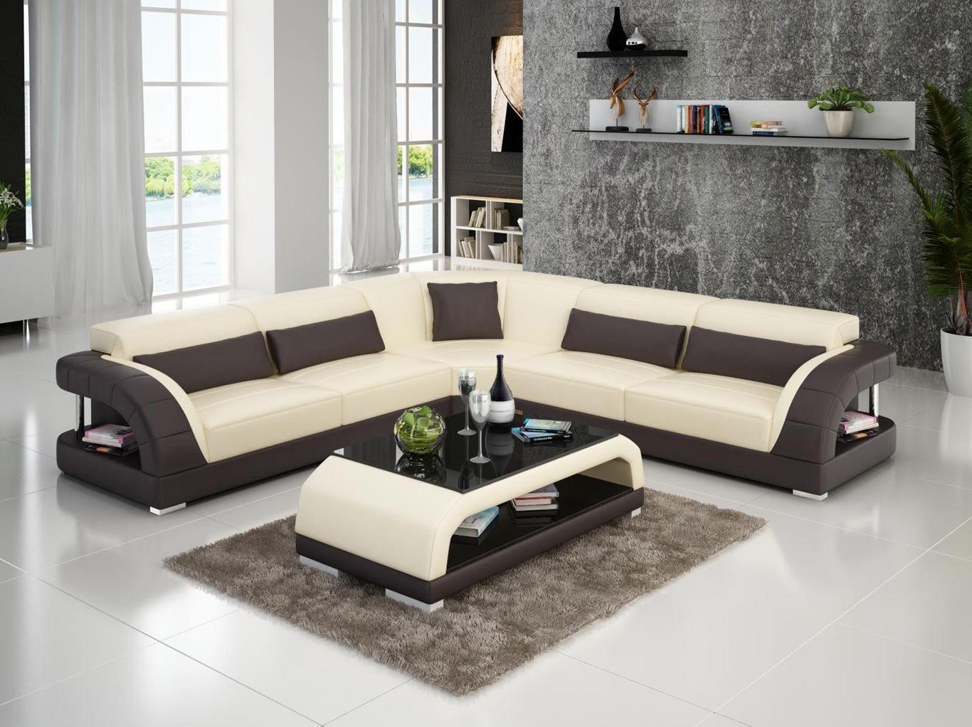JVmoebel Ecksofa Couch Ecksofa Leder Wohnlandschaft Garnitur Design Modern, Made in Europe Beige/Braun
