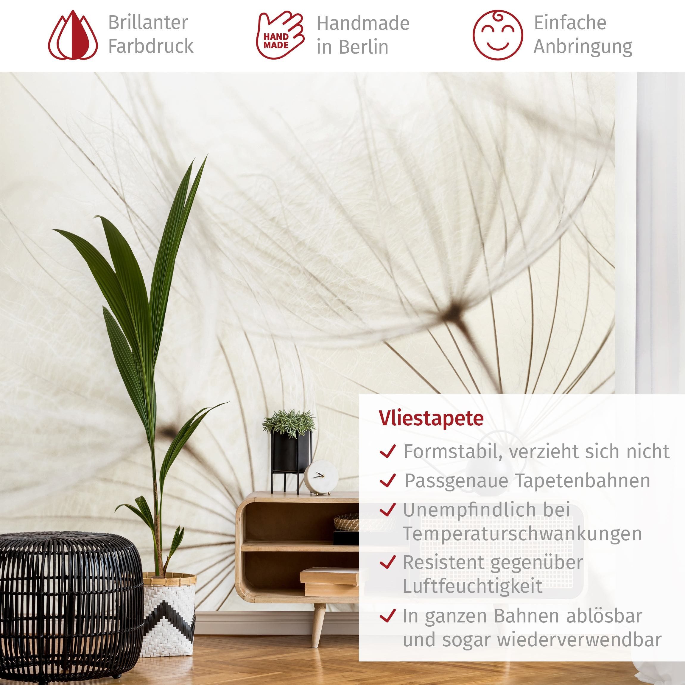 Bilderdepot24 Fototapete Blumen Sanfte Gräser Blumentapete Floral Natur Modern Kunst Pusteblume, Glatt, Matt, (Vliestapete inkl. Kleister oder selbstklebend), Wohnzimmer Schlafzimmer Küche Flur Motivtapete Vliestapete Wandtapete