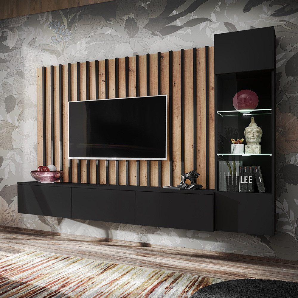 Lomadox Wohnwand VENOSA-164, Anbauwand Schrankwand 220cm, schwarz mit Eiche günstig online kaufen