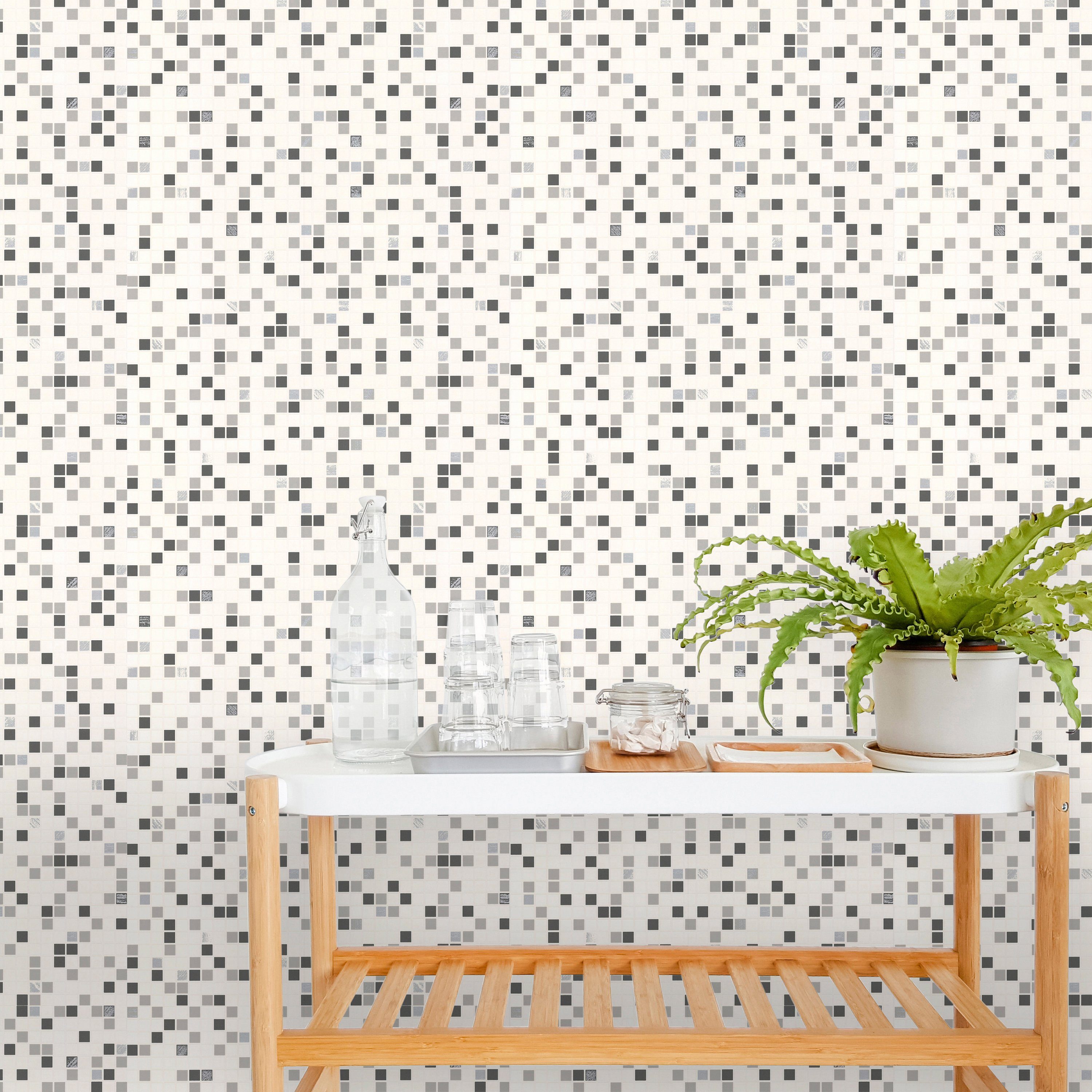 Papiertapete Checker, aufgeschäumt, Vinyltapete Mosaikfliesen schwarze/weiße Fliesen 10 m x 0.52 m