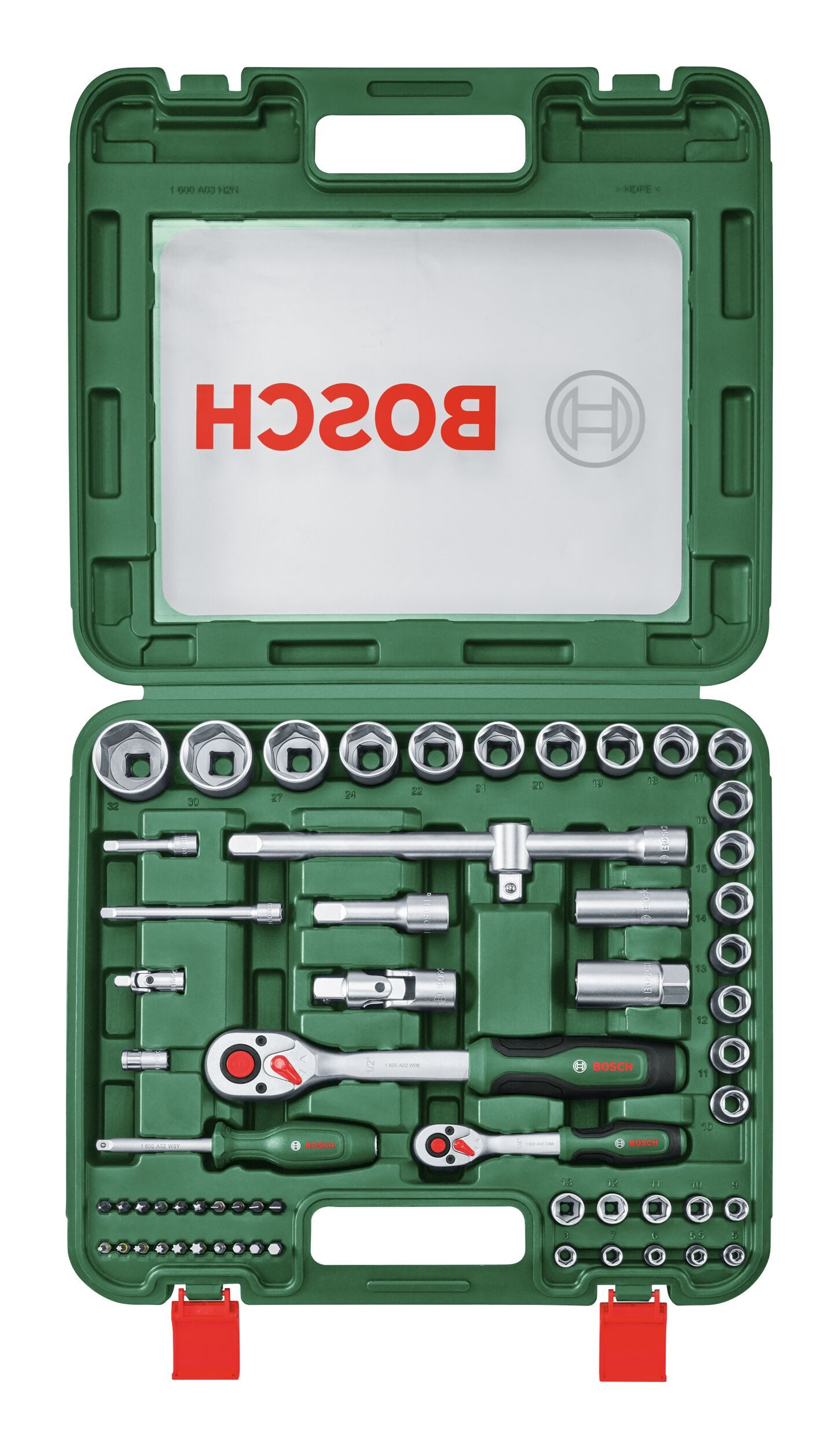 BOSCH Ratschenringschlüssel (60 Teile), Handwerkzeug 1/4"- und 1/2"-Ratschen-Set, 60-teilig