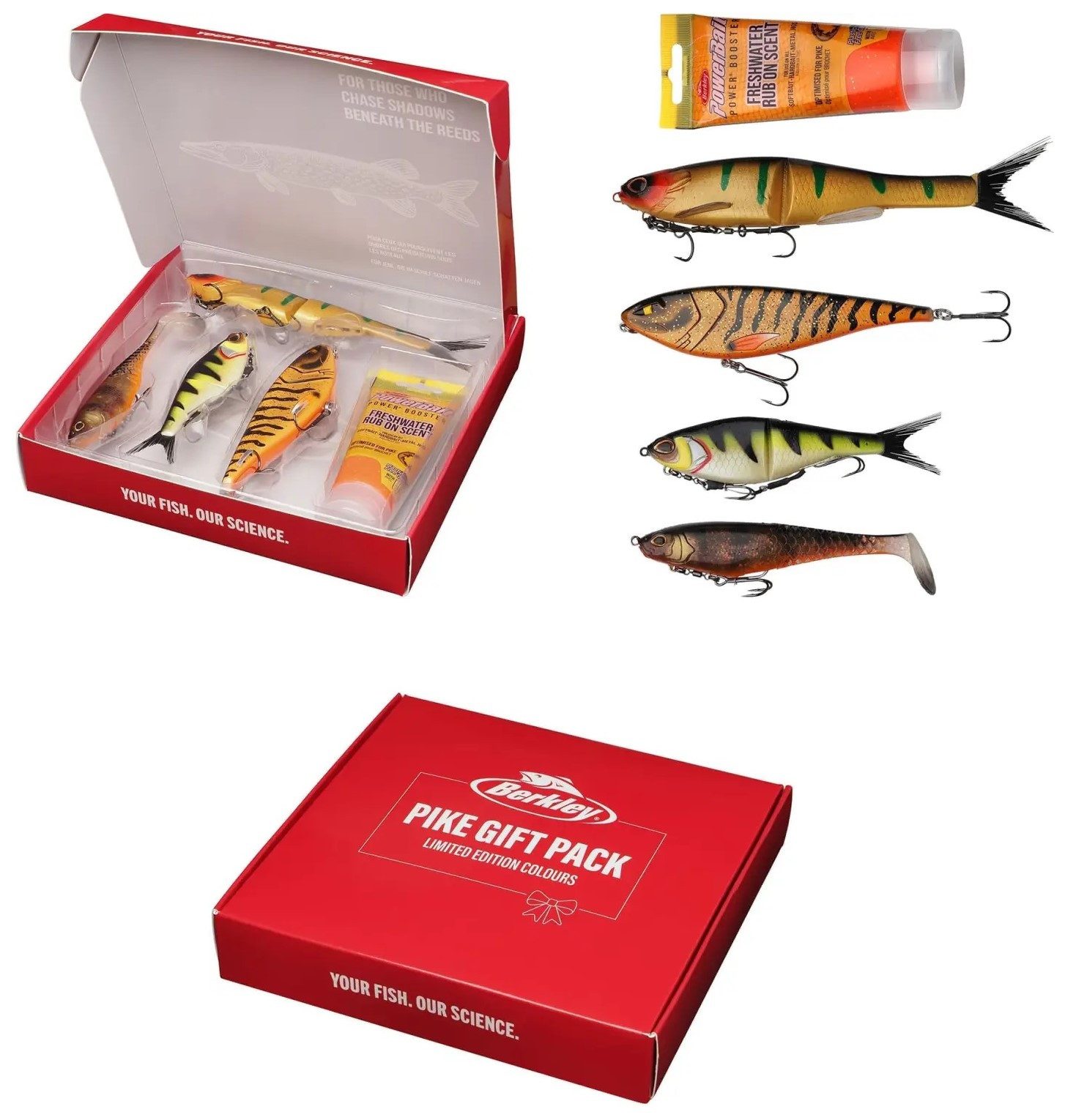Berkley Kunstköder Gift Box Pike Set Geschenkbox Limitiert Hecht - Geburtstag Weihnachten, (5-St), Geschenkset mit limitierten Ködern für Hechtangler