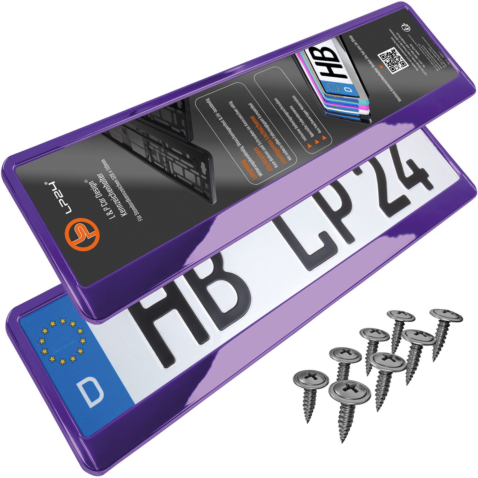L & P Car Design Kennzeichenhalter für Auto in Violett-/Lila-Chrom Kennzeichenhalterung, (2 Stück)