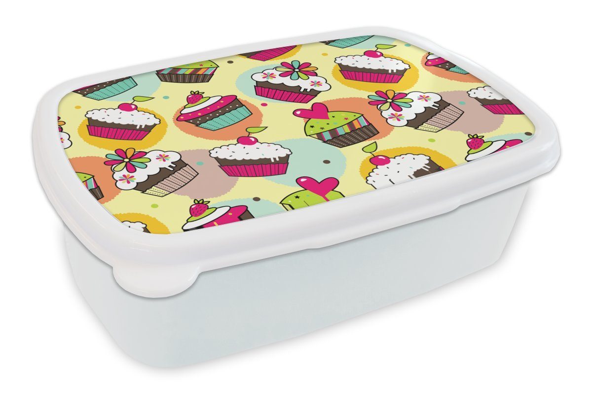 MuchoWow Lunchbox Mädchen - Cupcake - Schnittmuster - Mädchen - Kinder - Baby, Kunststoff, (2-tlg), Brotbox für Kinder und Erwachsene, Brotdose, für Jungs und Mädchen weiß