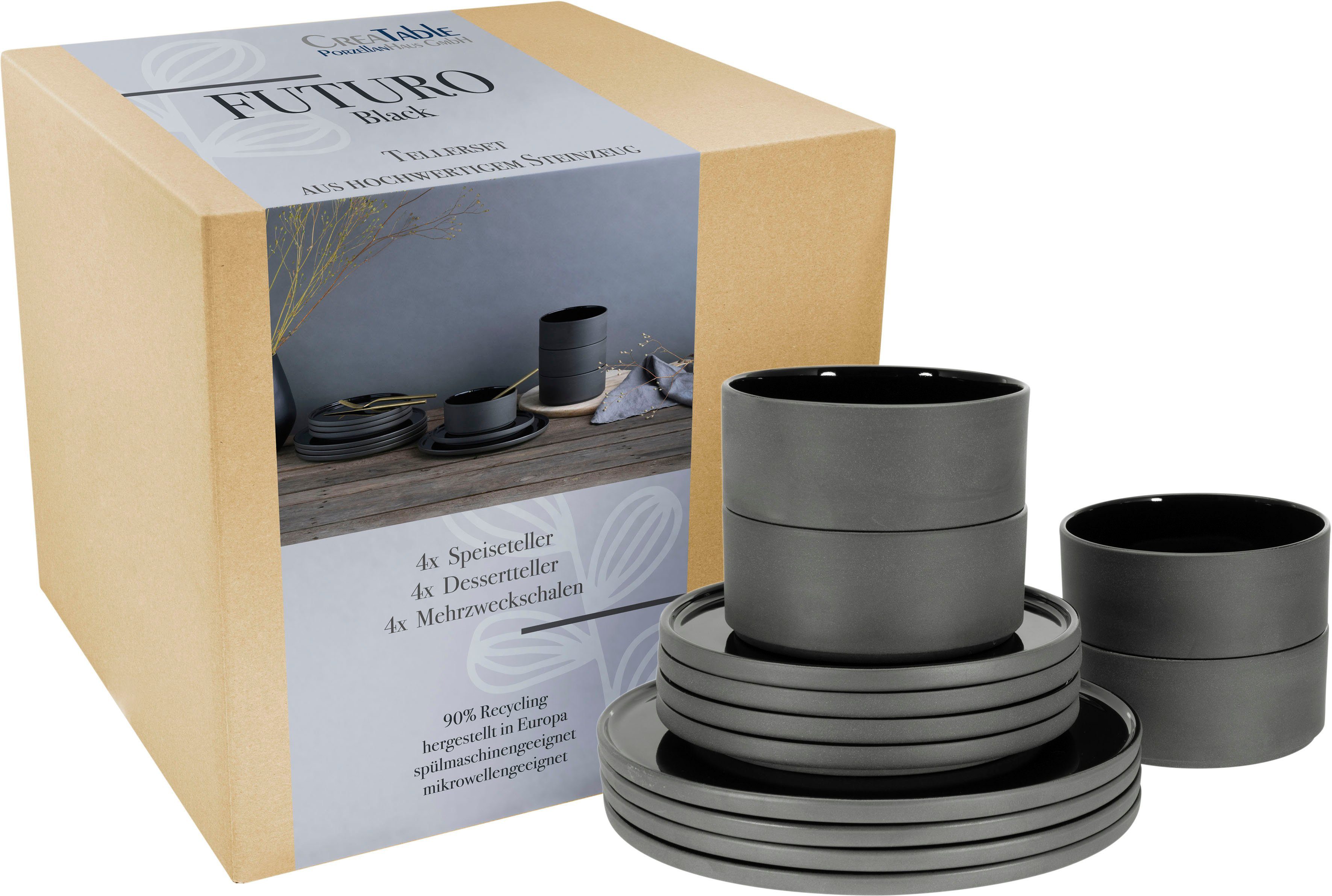 CreaTable Tafelservice Futuro (12-tlg), 4 Personen, Steinzeug, Service, je 4 Speiseteller 26 cm, Dessertteller 20 cm, Schalen 14 cm
