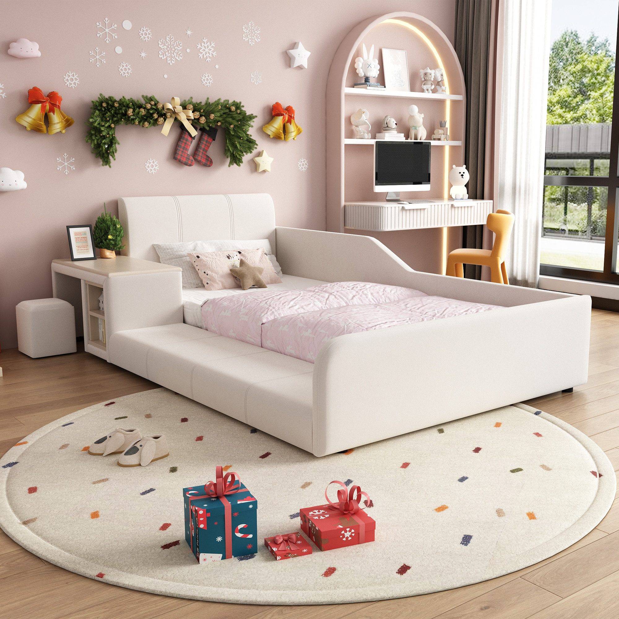 HAUSS SPOLE Polsterbett 90x200cm mit Schreibtisch und Hocker, Mit Ablageboden, Samt, Blau