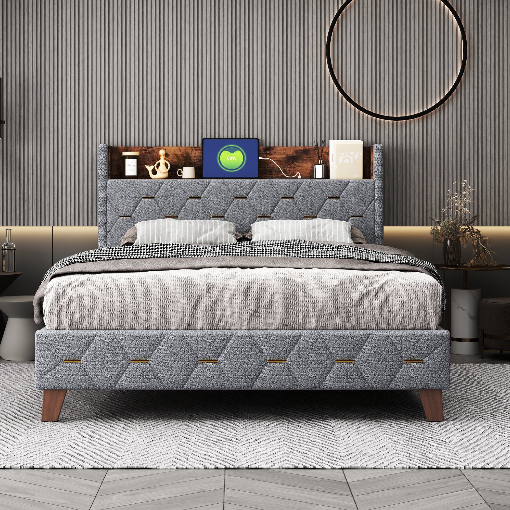 Polsterbett (Doppelbett 140x200cm mit Lattenrost), mit Stauraum am Kopfteil und USB-Anschluss, Bezug aus Samt