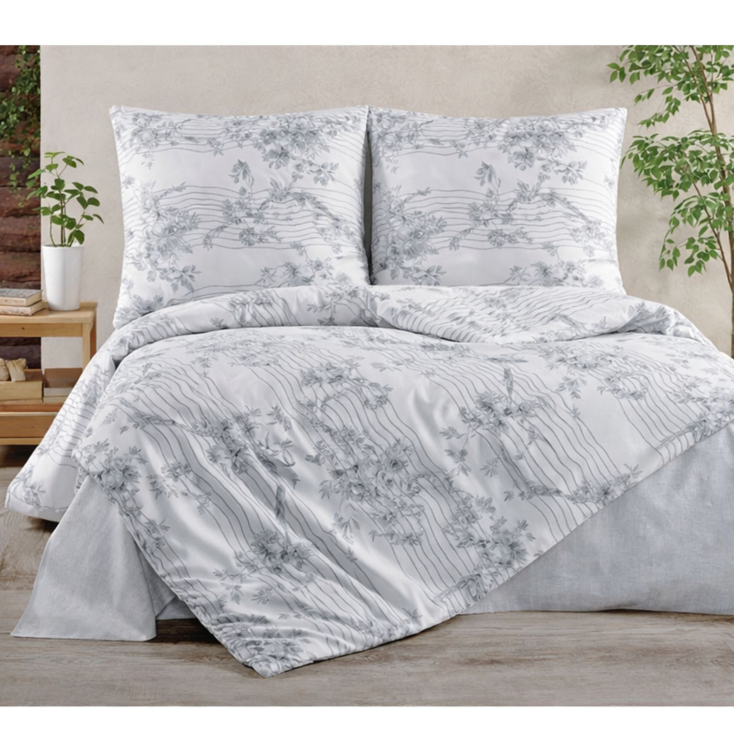 ZIRVEHOME Bettwäsche Baumwolle Bettbezug weiß mit grau Florales Muster Melody, Renforce, 3 teilig, 200x200 Baumwolle Bettbezug weiß Grau Florales Muster