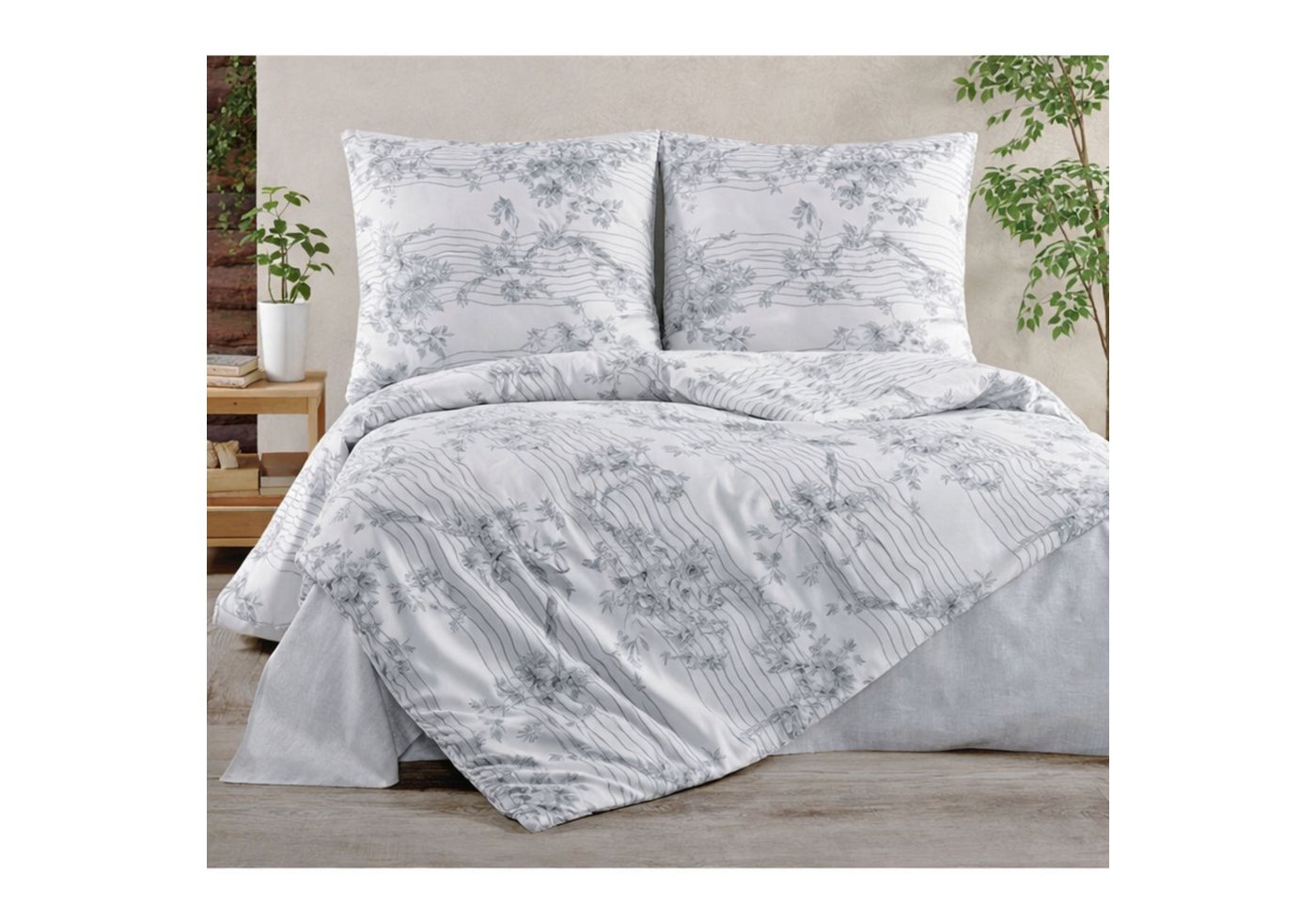 ZIRVEHOME Bettwäsche Baumwolle Bettbezug weiß mit grau Florales Muster Melody, Renforce, 3 teilig, 200x220 Baumwolle Bettbezug weiß Grau Florales Muster