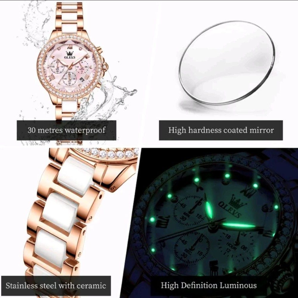 OLEVS Quarzuhr Geschenkset Damenuhr Keramik Roségold Rosa Luxus Chronograph 3tlg 9999 – Bild 5 von 5