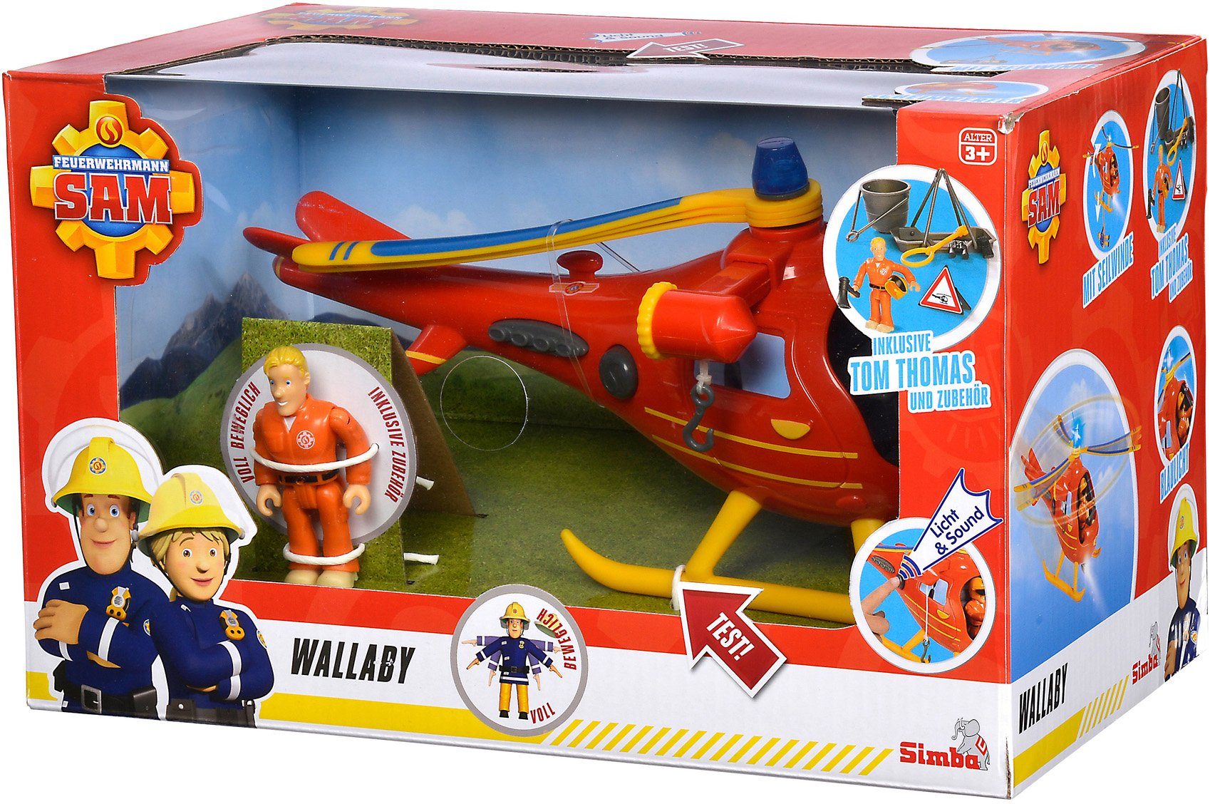 mit Lichteffekten Sam, Sound- und Spielzeug-Hubschrauber Feuerwehrmann Wallaby, SIMBA