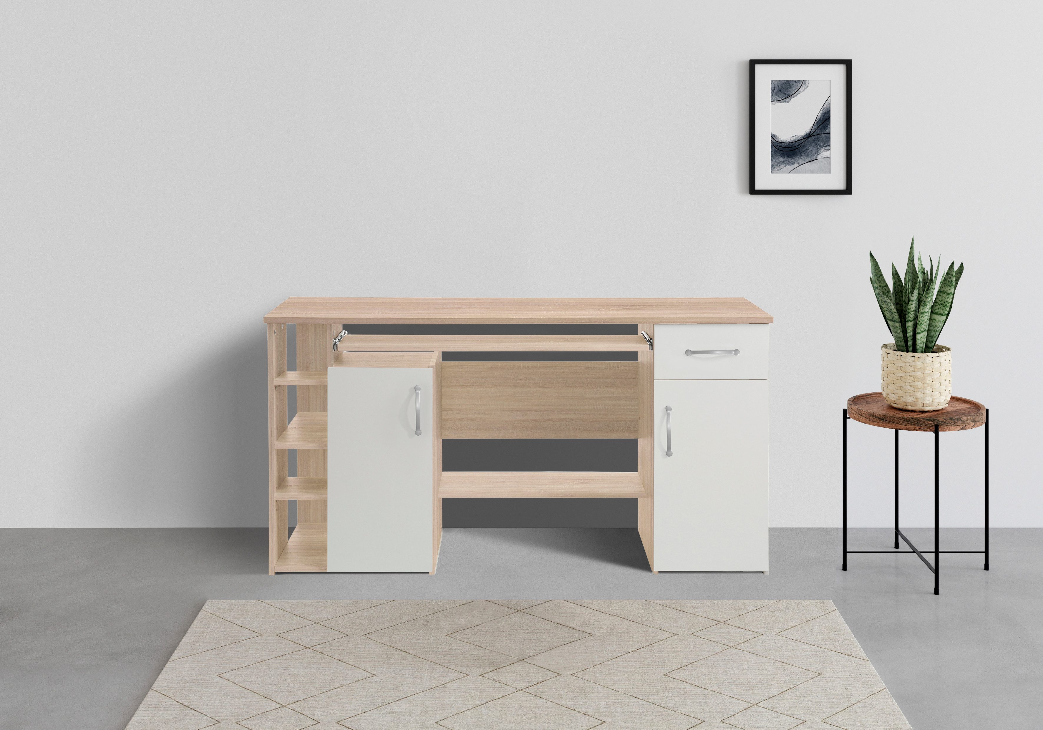 VOGL Möbelfabrik Schreibtisch Tim mit seitlich offenen Fächern & Tastaturauszug, Druckerablage, 1 Schublade, Breite 138 cm, Made in Germany