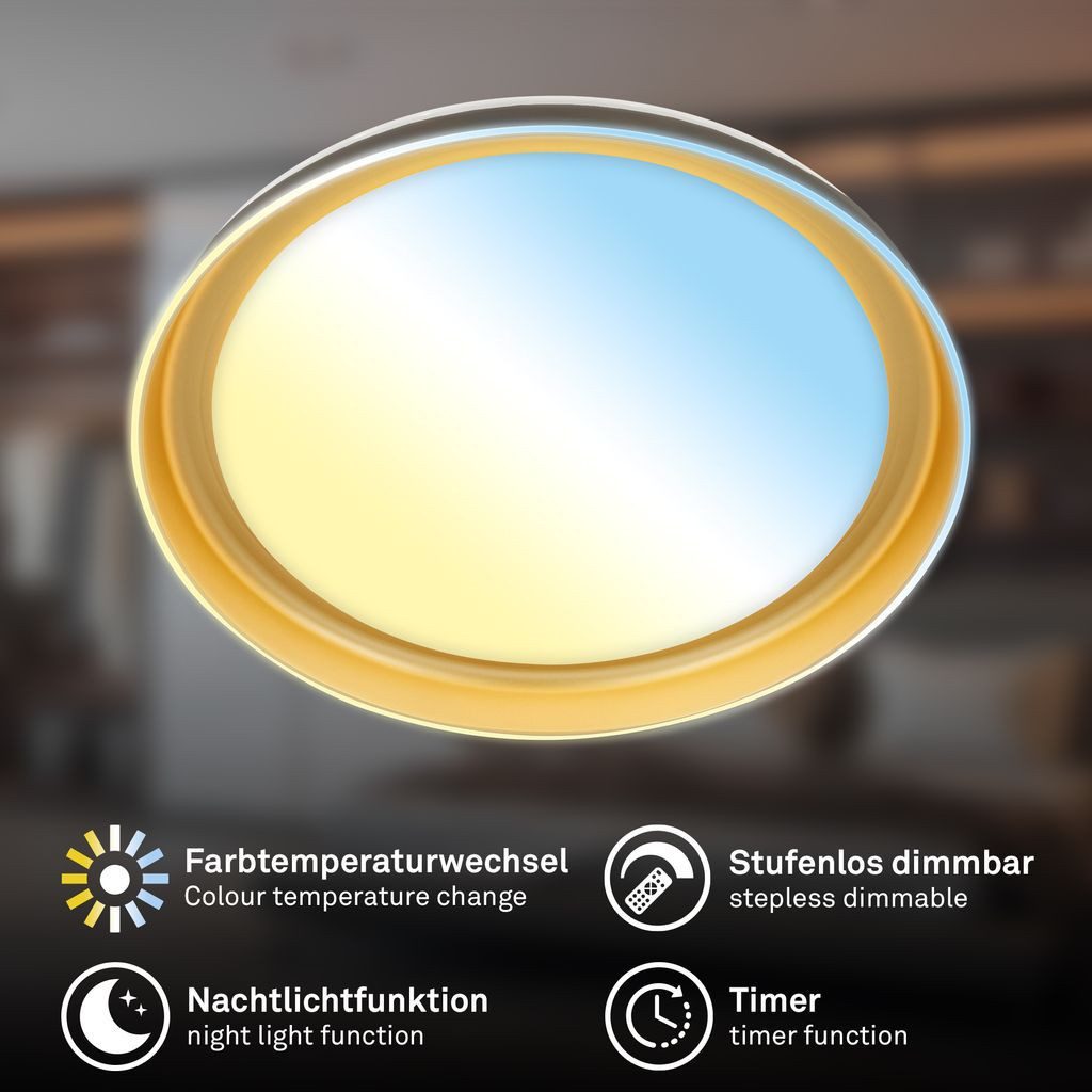 Briloner Leuchten LED Deckenleuchte LED Deckenlampe Fernbedienung Dimmbar CCT Sternenhimmel Dekorblende, LED fest integriert, 6500K - Kaltweiß, 4000K - Neutralweiß, 3000K - Warmweiß, CCT Farbtemperatursteuerung - Warmweiß / Neutralweiß / Kaltweiß, 5500-6500K - Tageslichtweiß, 43x8 cm, Wohnzimmer, Schlafzimmer, Flur, Küche