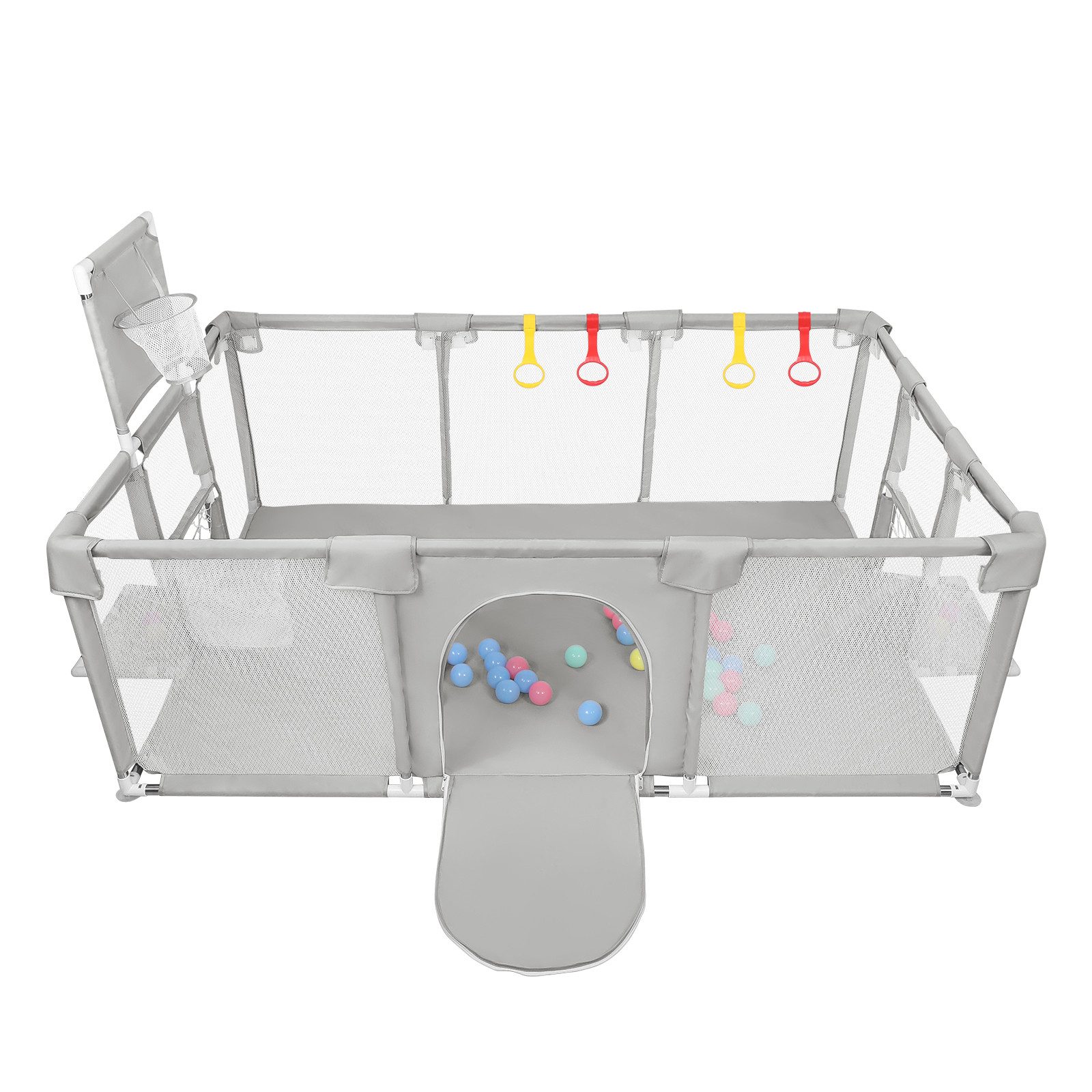 JEOBEST Laufstall Baby Laufgitter - Große Sicherheitsspielplatz, 180x120x66cm - mit Basketball-Netz 50 Ozeanbälle und 4 bunten Ringen