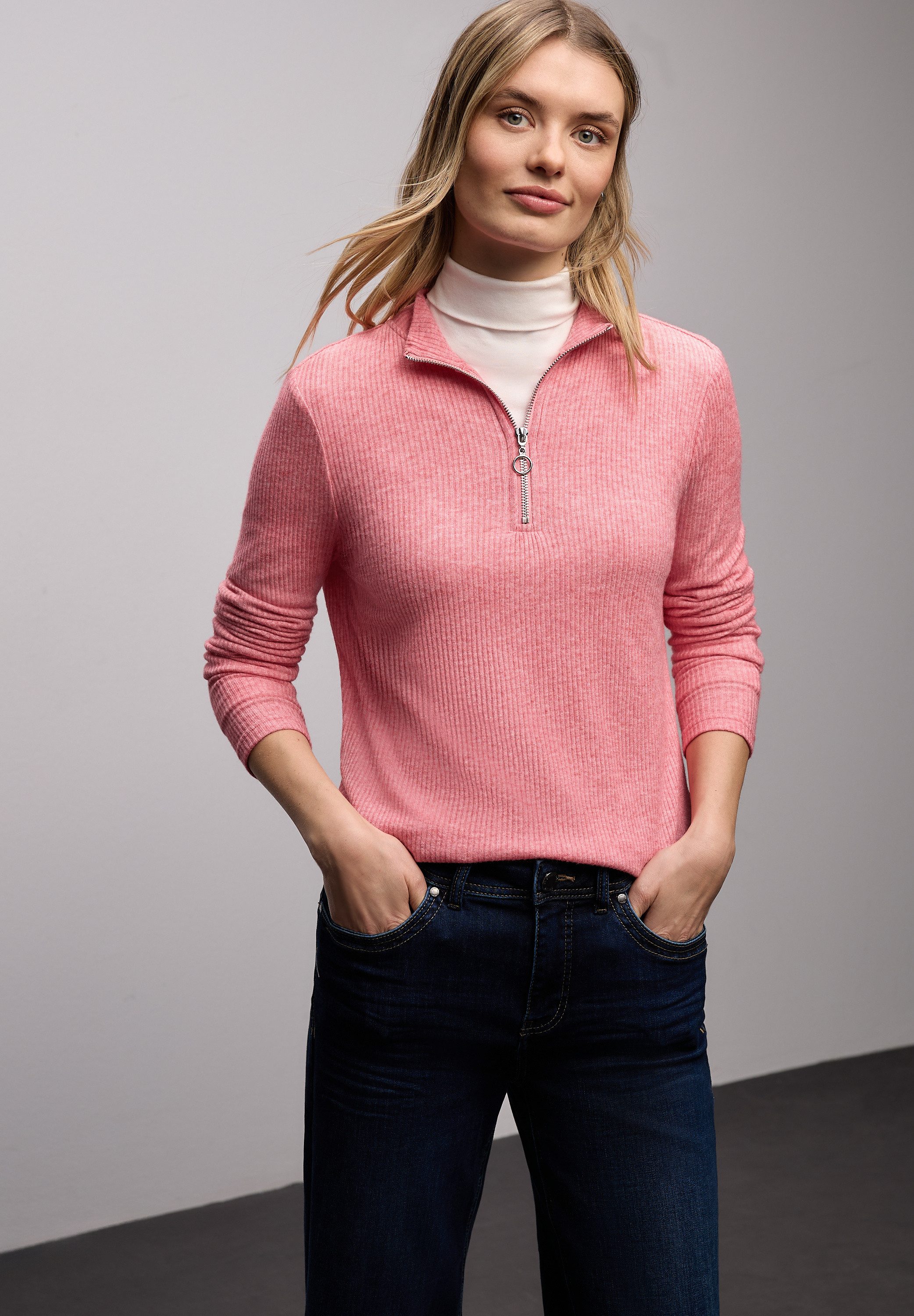 STREET ONE Langarmshirt mit Rippstruktur und Zipper