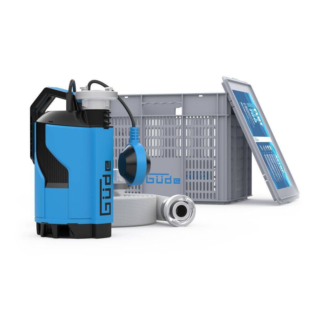 Güde Schmutzwasserpumpe Hochwasser Flut-Set 750 (Set, inkl. 10 Meter Druckschlauch und Transportbox mit Deckel), Max. 12000 Liter pro Stunde, 8 m Förderhöhe