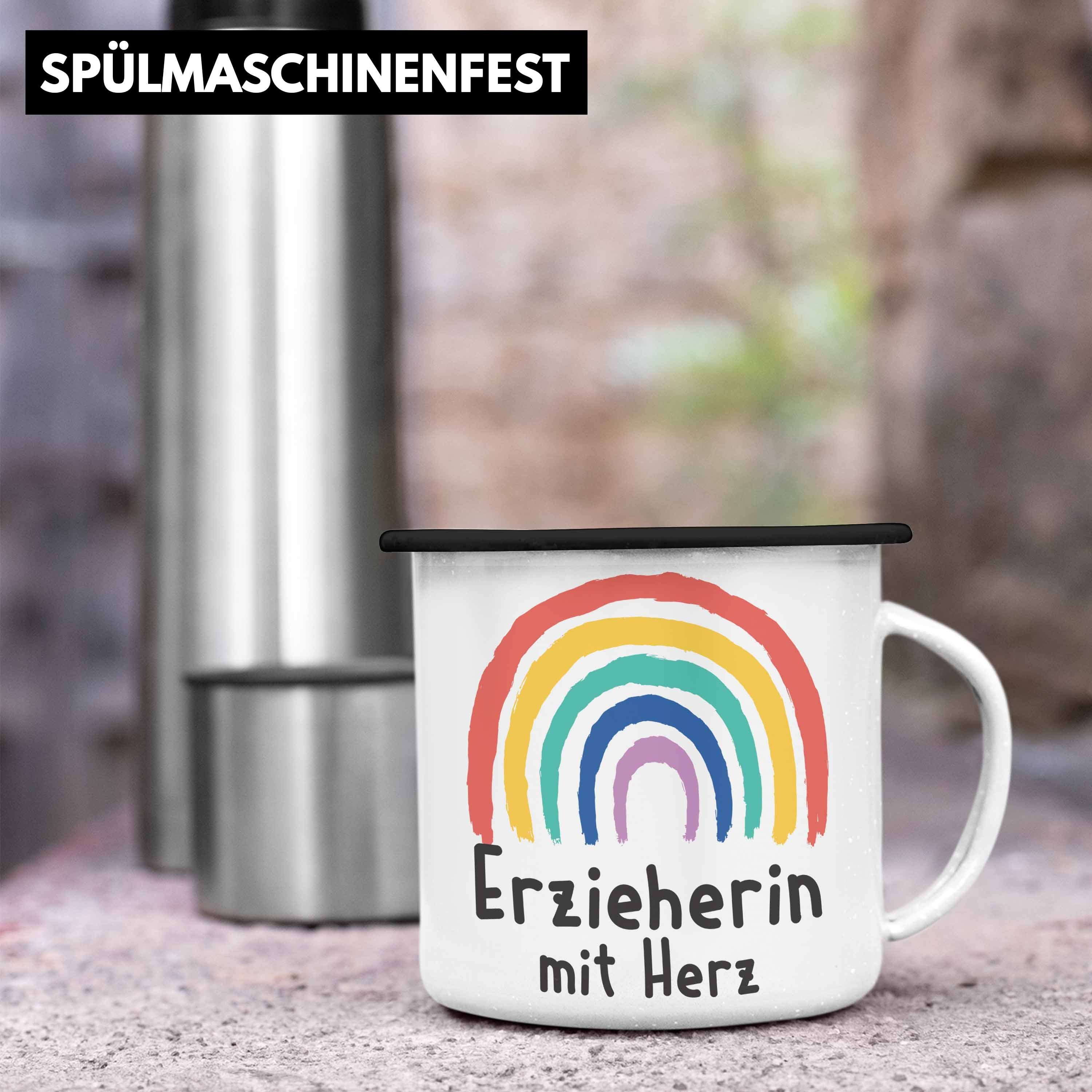 Trendation Thermotasse Emaille Erzieherin Kindergärtnerin Spruch Abschiedsgeschenk mit Schwarz Geschenk Geschenke mit Tasse - Trendation KaffeeEmaille Herz Tasse