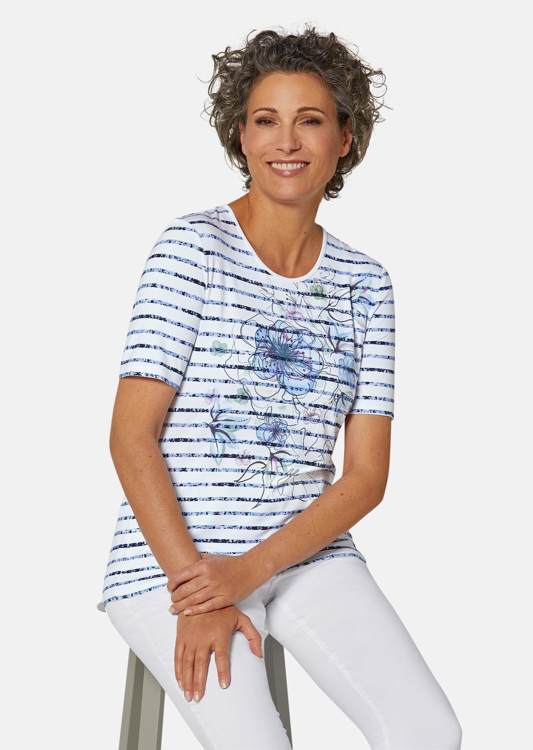 GOLDNER Print-Shirt Streifenshirt mit Blumenmuster Printshirt mit Rundhalsausschnitt und Halbarm
