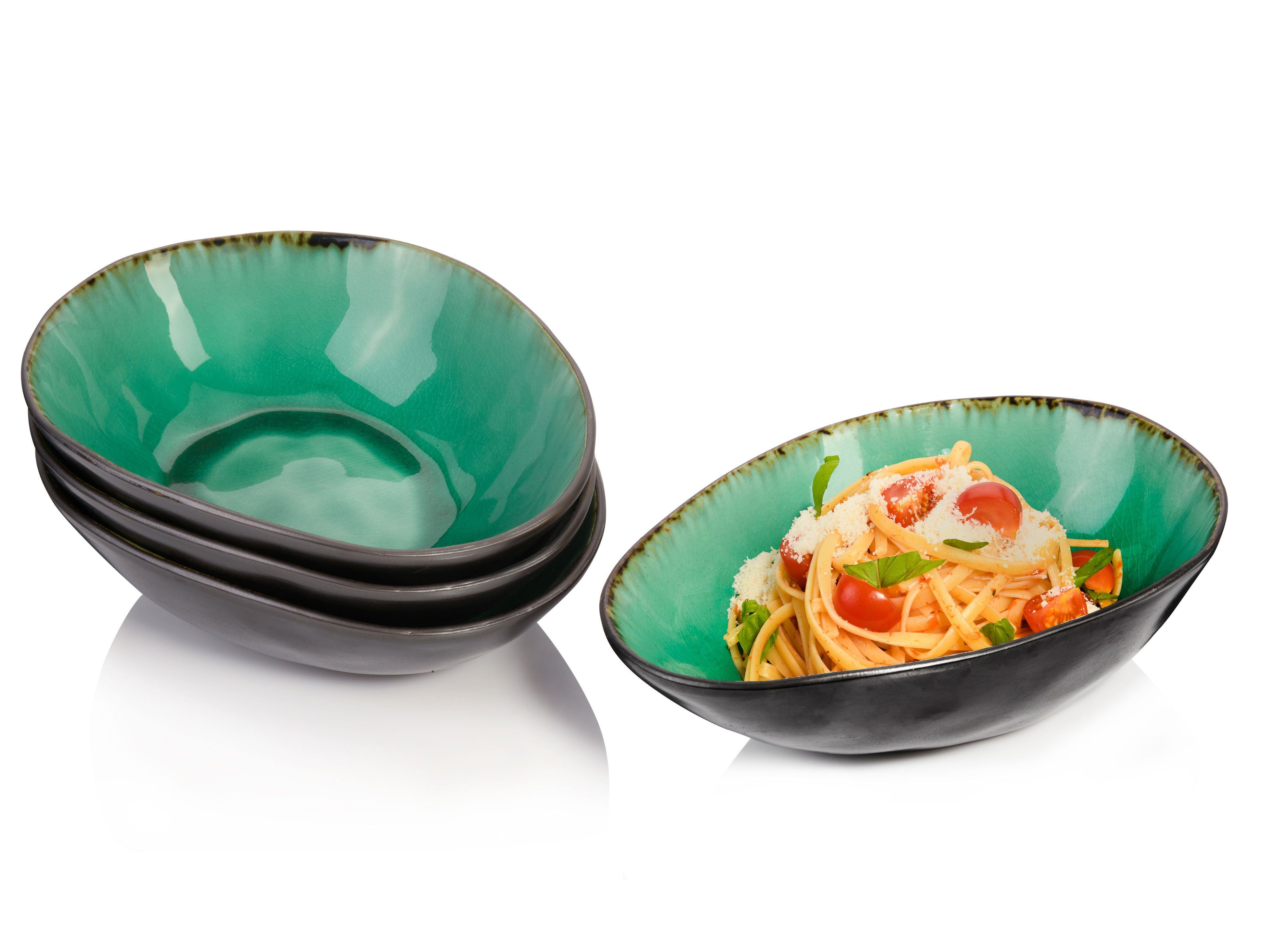 SÄNGER Pastateller Palm Beach, Grün Schwarz, (4 St), Pastaschalen Set mit Krakelee-Effekt, Handmade, Premium Collection