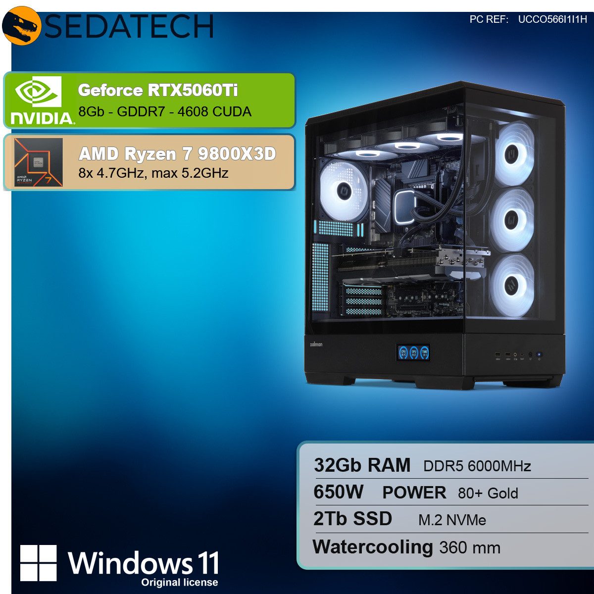 Sedatech UCCO566I1I1HF - Watercooling Gaming-PC (AMD Ryzen 7 9800X3D 8x 4.7GHz (max 5.2GHz), Geforce RTX5060Ti 8GB, 32 GB RAM, 2000 GB SSD, Watercooling, Wlan 7)