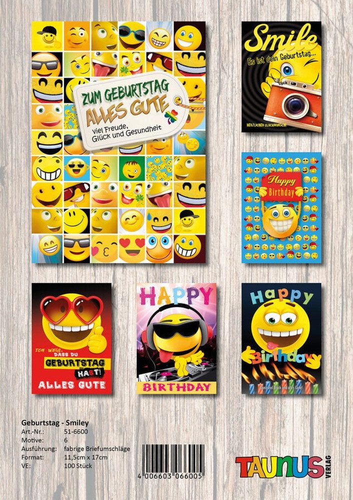 Smiley Geburtstagskarten Smiley Geburtstagskarten - 100 Stück - 6 Motive
