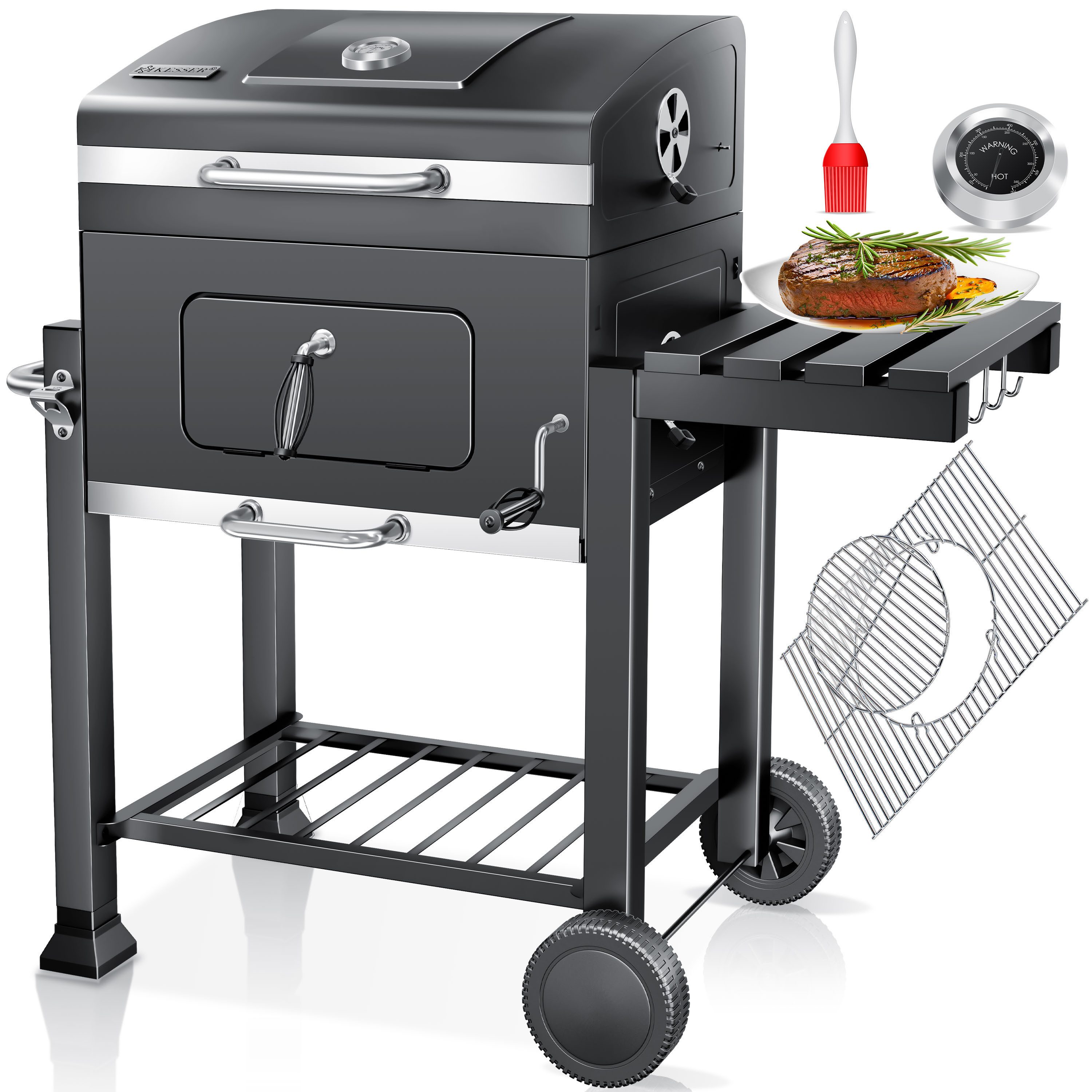 KESSER Holzkohlegrill Grill Grillwagen BBQ Smoker XL Holzkohlegrill mit Deckel, Rädern, Edelstahl-Griff, Grillrost und Thermometer Standgrill Kohlegrillwagen