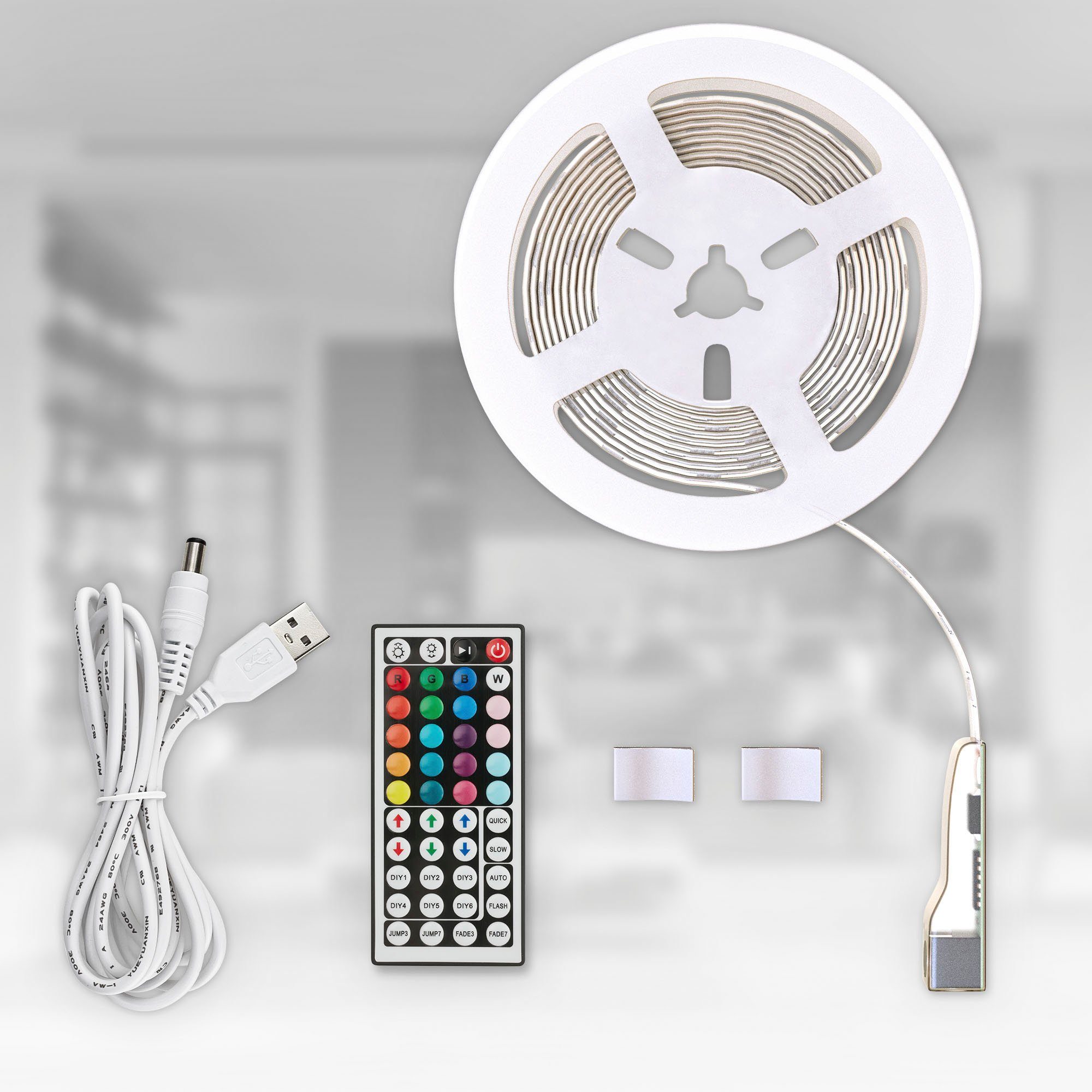 Lichtleiste, Strip, Fernbedienung, LED-Streifen mit USB 150-flammig, LED B.K.Licht selbstklebend