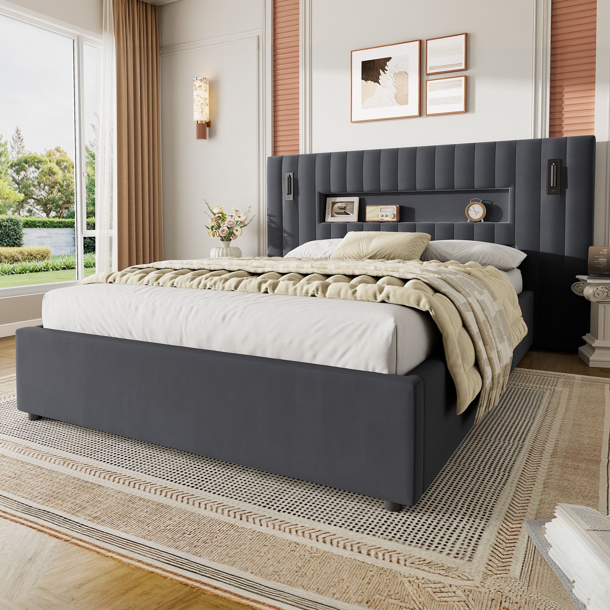 HAUSS SPOLE Polsterbett 140×200 Doppelbett Stauraumbett mit Bettkasten,Jugendbett Samt,Grau (Doppelbett Funktionbett mit Samtstoff-Oberfläche und Polsterrahmen für Schlafzimmer, ohne Matratze), Komfortbett mit Lattenrost und bereitem Kopfteil