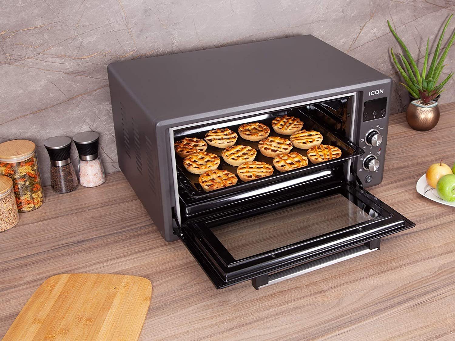 ICQN Minibackofen DIGITAL 50 Pizza-Ofen, inkl. Doppelverglasung, Black W, Emailliert 40°-230°C, Liter, LED-Anzeige, Backblech Drehspieß, 1400 Set, Popup-Knöpfe
