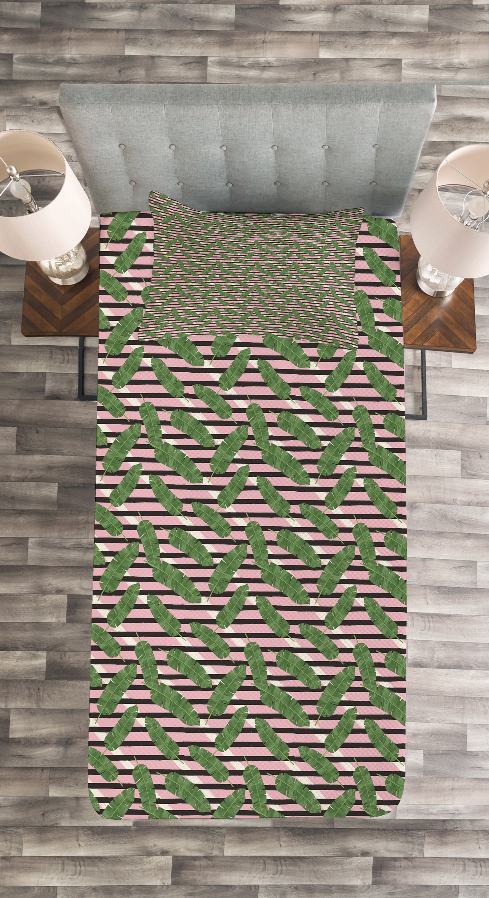 Tagesdecke auf Kissenbezügen Waschbar, Bananenblätter Abakuhaus, mit Streifen Set Tropical