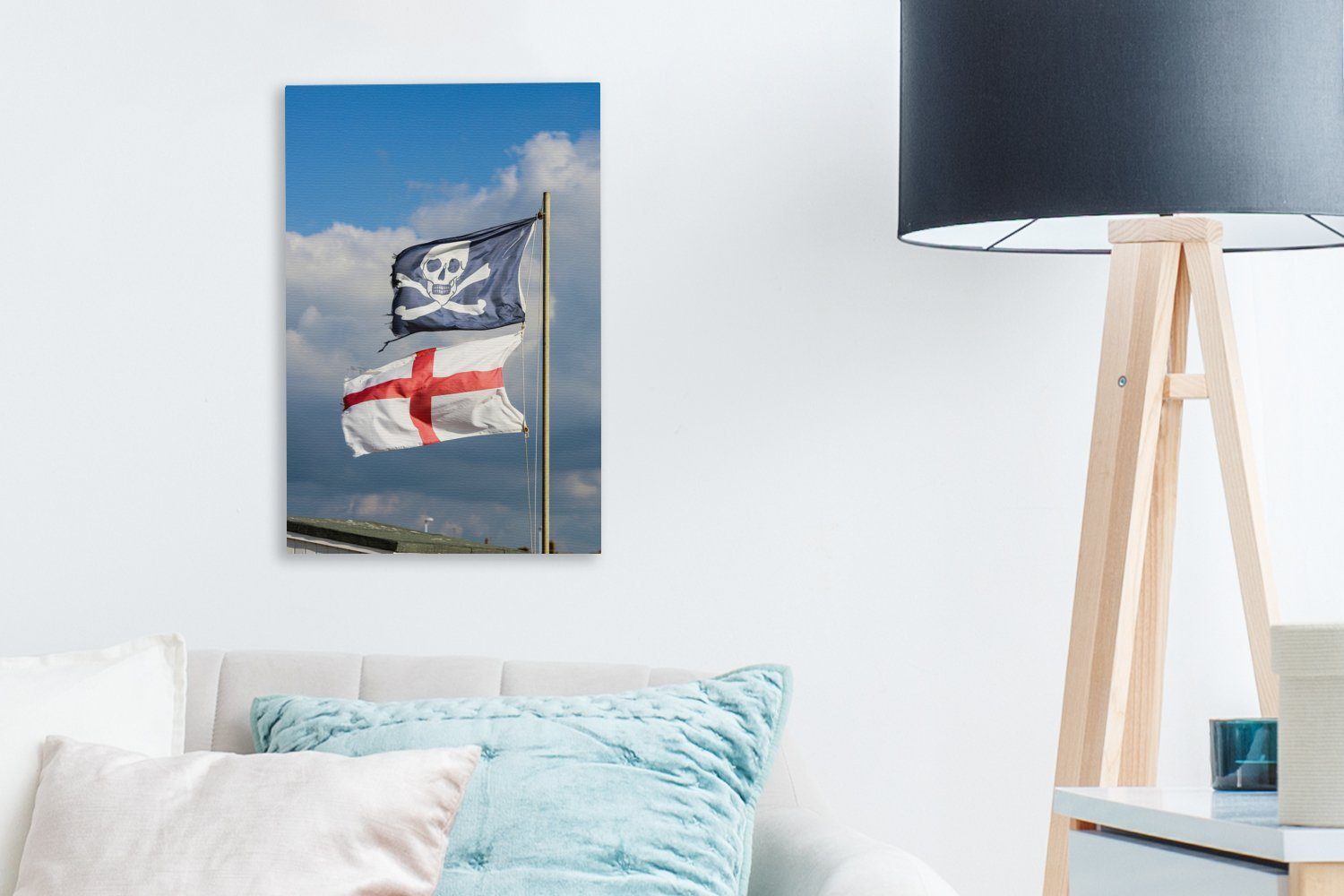 Piratenflagge, inkl. Die bespannt englische unter fertig Gemälde, OneMillionCanvasses® Leinwandbild (1 20x30 St), cm Leinwandbild Flagge einer Zackenaufhänger,