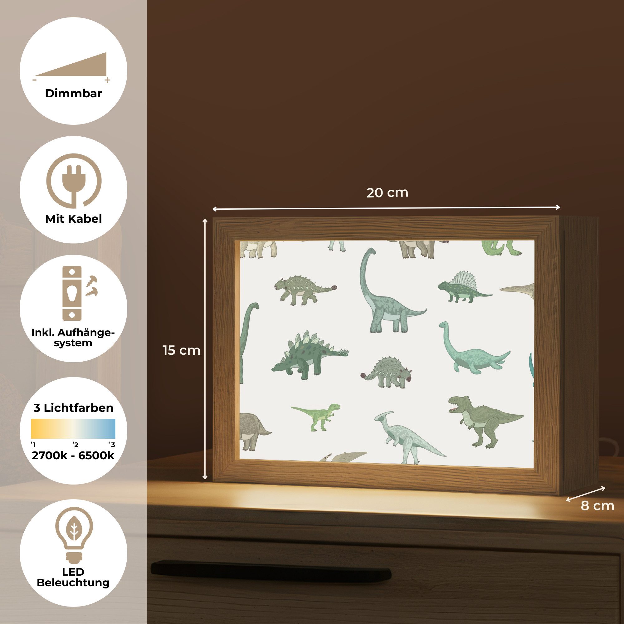 OnlyWow Nachttischlampe Lightbox Dino - Grün - Jungen - Dinosaurier - Blau, Dimmbar, Farbwechsel, LED, Warmweiß, Kaltweiß, Neutralweiß Einstellbar, Nachtlicht, Kinder- und Babyzimmer, Dimmbar, mit Kabel, Tischleuchte