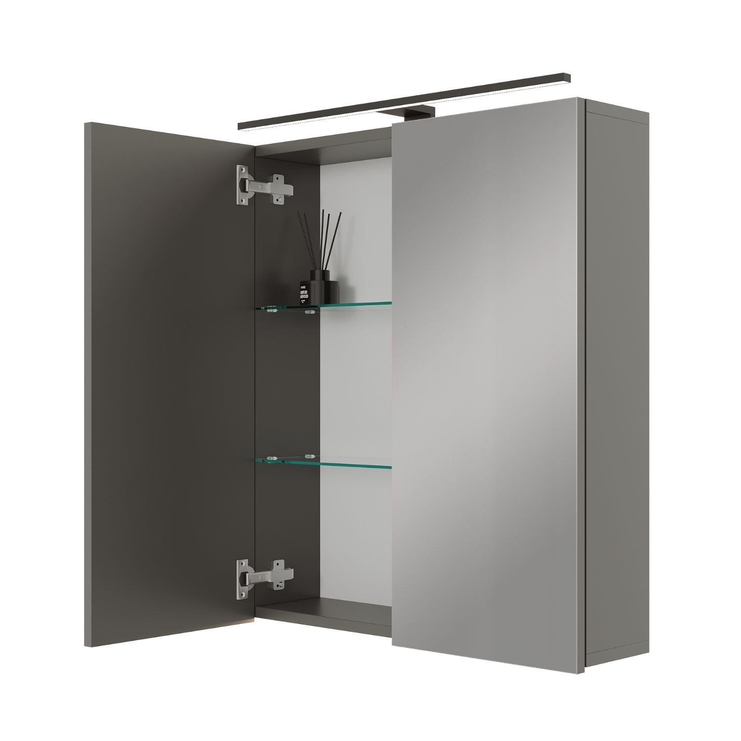 Planetmöbel Spiegelschrank ARIA Badschrank 60 cm mit Beleuchtung & Steckdose (Spiegelschrank Bad mit Beleuchtung 60 x 70 x 16 cm, 3-St., Badspiegelschrank 2-türig) Steckdose für Elektrogeräte, LED-Aufbauleuchte 60cm